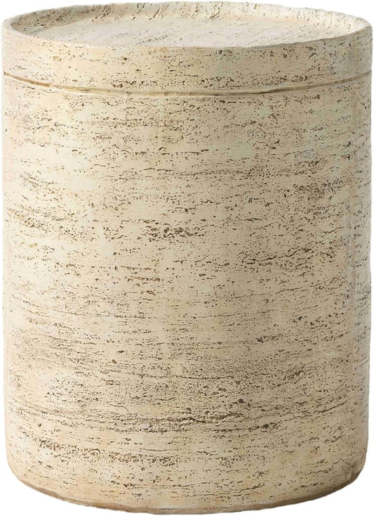 COSIEST Outdoor Side Table, Cylinder Shaped MgO Patio End Table, Lightweight Accent Table with Tray Top, Round Plant Stand Tool for Garden and Deck, Beige