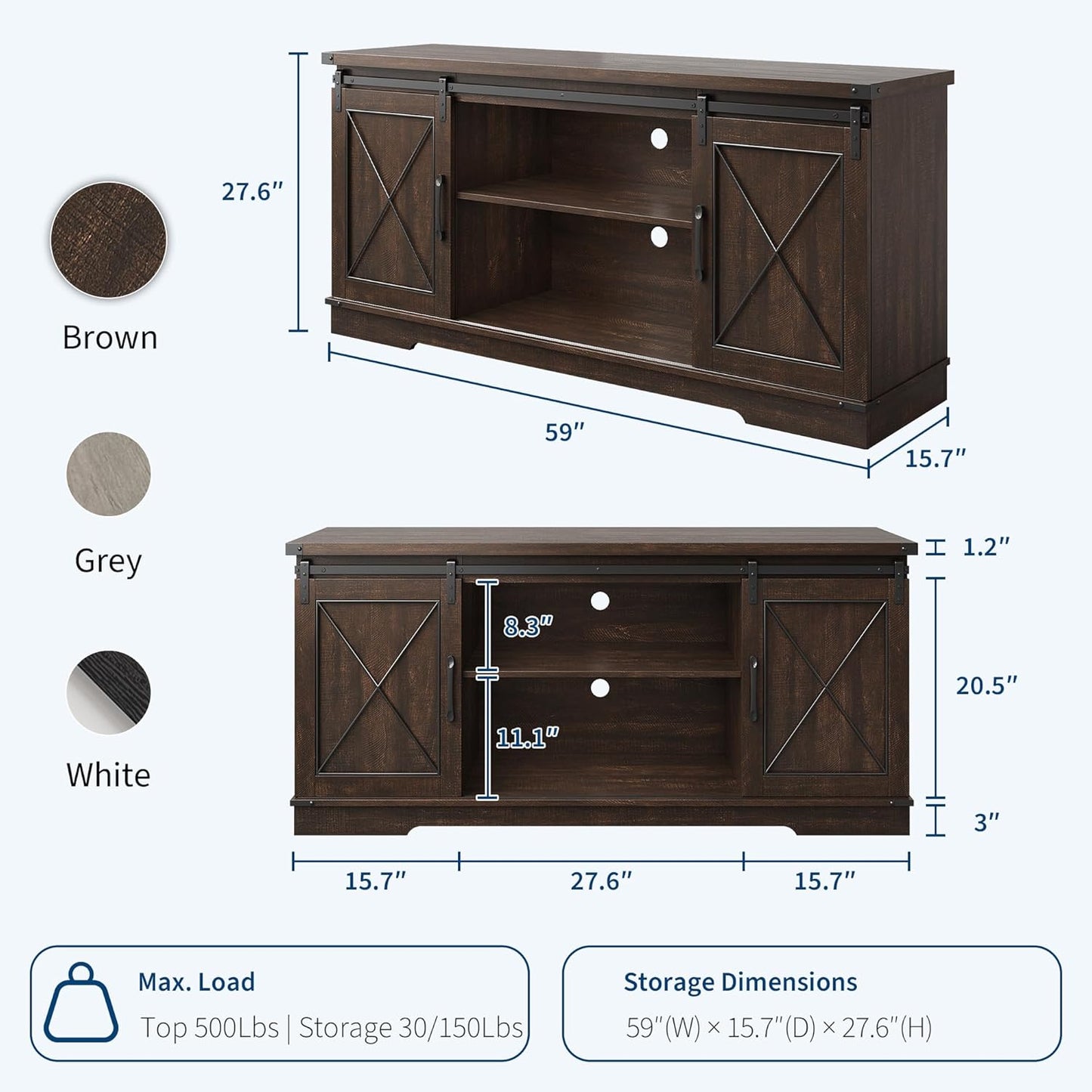 GarveeHome Farmhouse TV Stand for TV up to 65 Inches and Entertainment Center with Sliding Barn Doors and Adjustable Shelf, Tv Media Console Table with Storage Cabinet for Living Room, Bedroom, Brown