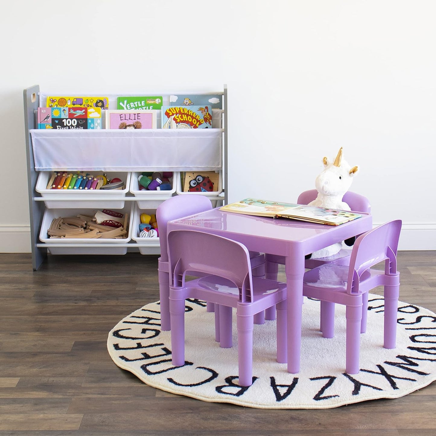 Humble Crew Kids Plastic Table and 4 Chairs Set, Purple Square Table with Lightweight Chairs, Toddler Playroom Activity Furniture for Ages 3-6, Easy Snap-Together Assembly