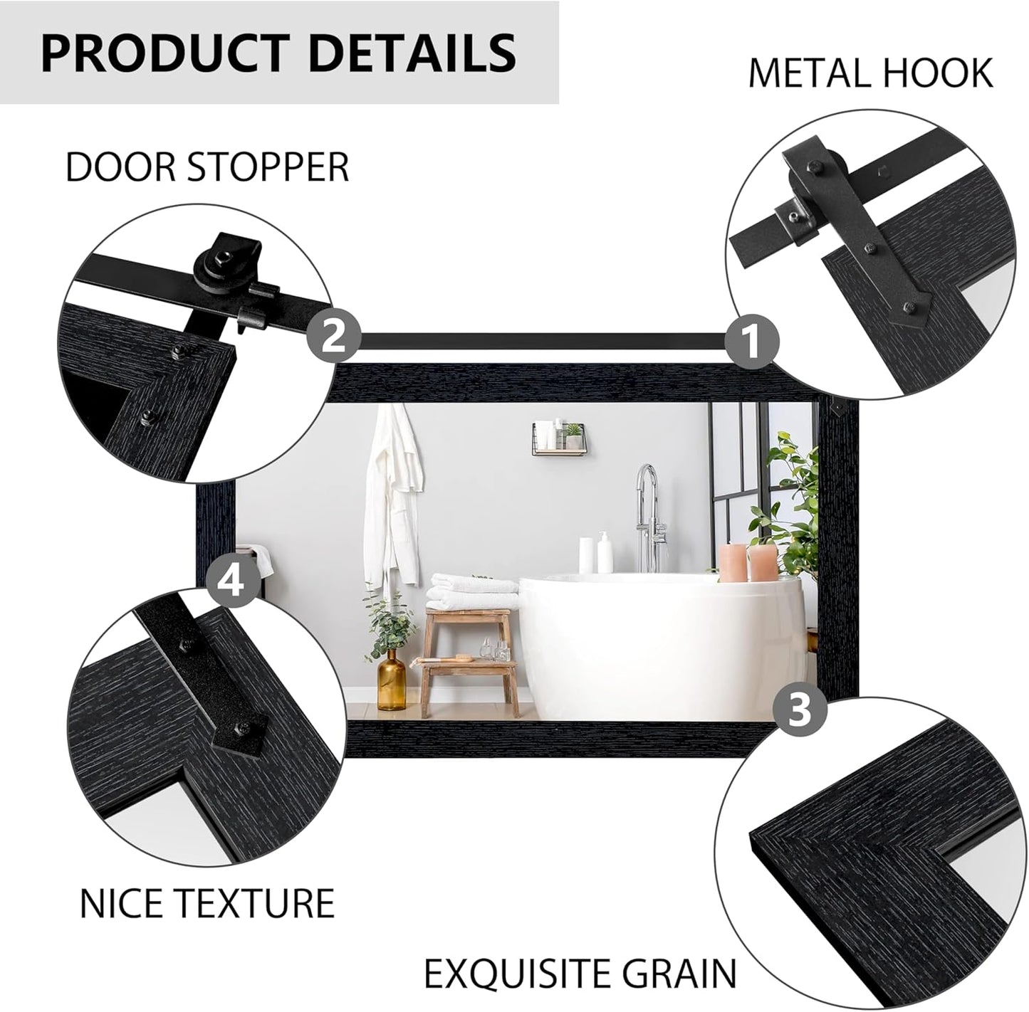 Farmhouse Mirror 42”x28” Black Rustic Mirror for Wall Vanity Mirrors Barn Door Style Decor Bathroom Living Room Entryway Bedroom Mirrors