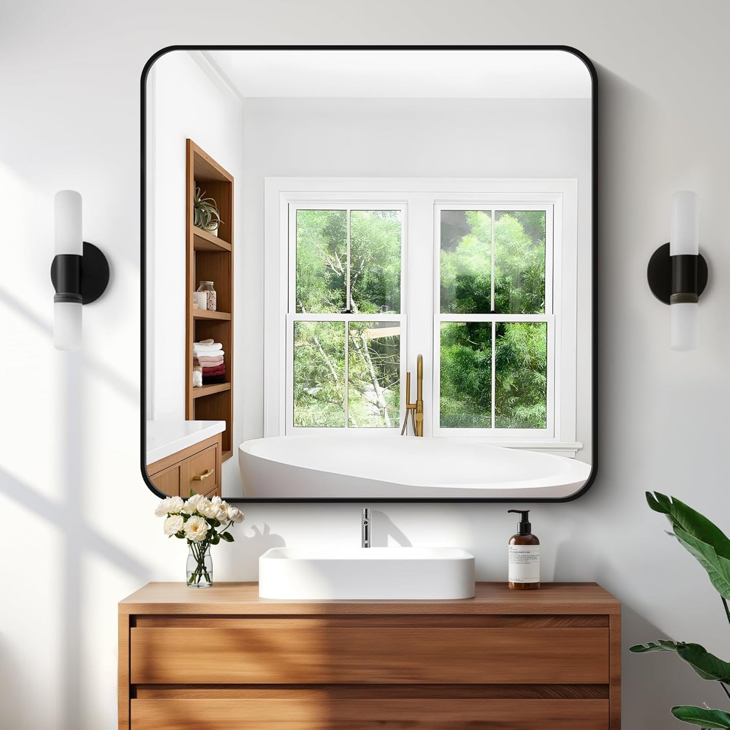 Bathroom Mirror, 36"x36" Black Square Wall Mirror, Metal Frame Rounded Corner Vanity Mirror, Large Wall Mounted Mirror for Modern Bedroom Living Room Horizontal Or Vertical Mounting