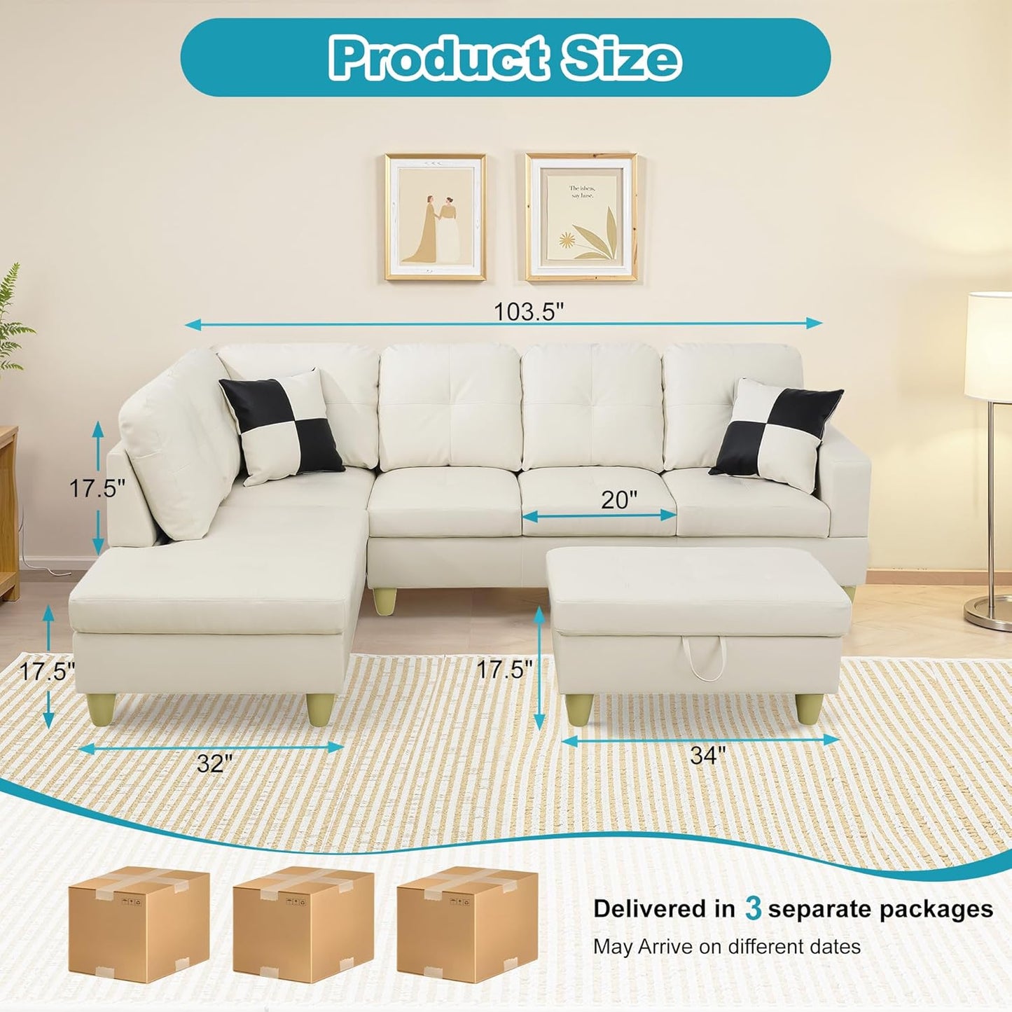 L Shaped Couch Faux Leather Sectional Couch Upholstered 3 Pieces Sofas for Living Room with Chaise, Storage Ottoman for Office and Small Apartment, White