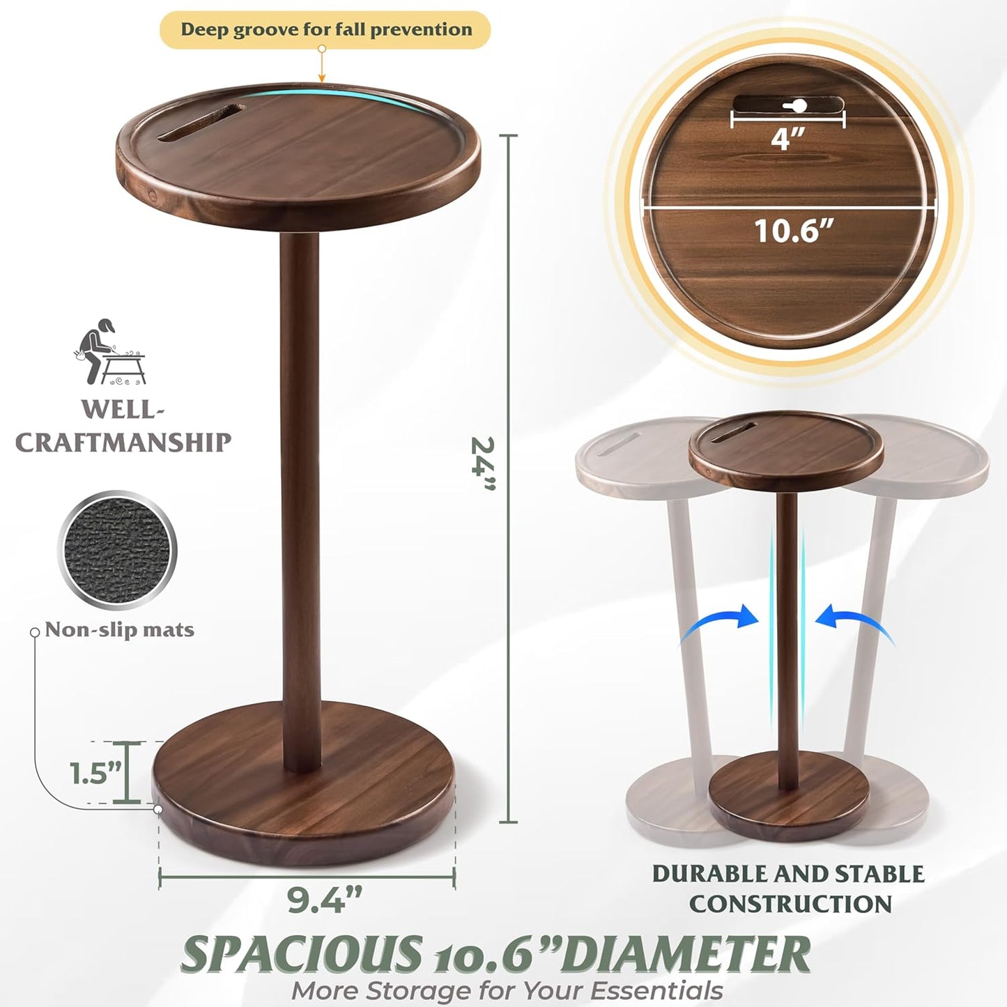 Drink Table, 24.4" Tall Compact Side Table with Phone Slot and Weighted Base, Durable Pedestal Table Accent for Living Room (Flat, Walnut)