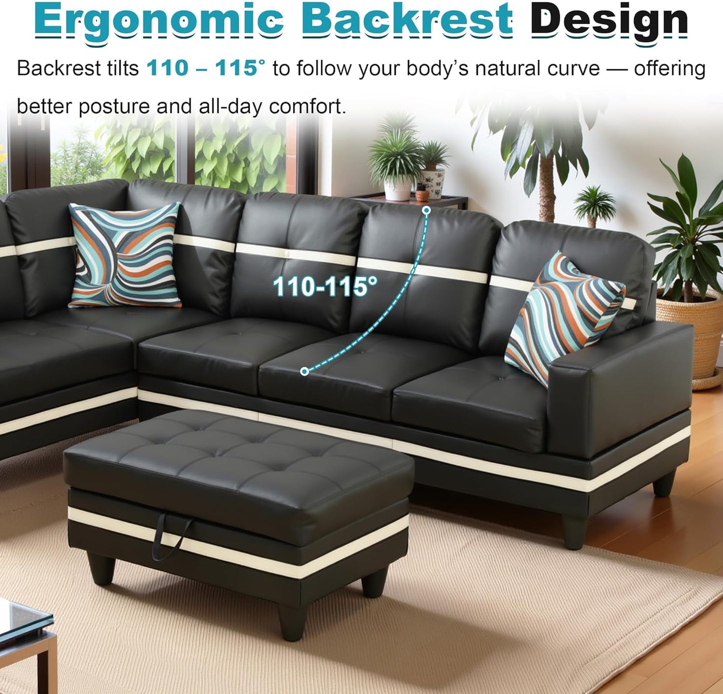 103.5" Oversized Sectional Couch, L Shaped Couch with Storage Ottoman, Modern Modular Sofa with Deep Seat, Sectional Couches for Living Room and Office, Black and White (PU Leather)