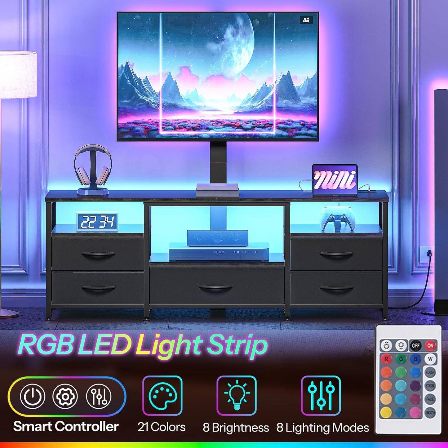 HOOBRO TV Stand with Mount and Power Outlet, for 32/45/55/60/65 inch TVs, Swivel Led Entertainment Center with Drawers, Adjustable Media Console for Living Room, Bedroom, Black BB130UDDS01