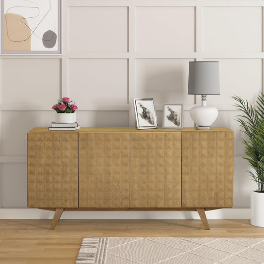 NTC Sapa Mid-Century Modern Solid Wood Sideboard – 4-Door Accent Buffet Cabinet with Carved Geometric Fronts, for Living Room, Dining Room, or Entryway, Effortless Assembly, Sand