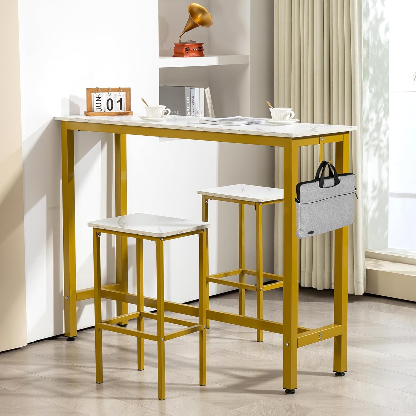 Finnhomy 52.7" Industrial Bar Table Set with 2 Stools - Counter Height Dining & Pub Table for Small Spaces, Kitchen, Apartment, Nook - Metal & Wood, Space-Saving Furniture - White Marble and Gold