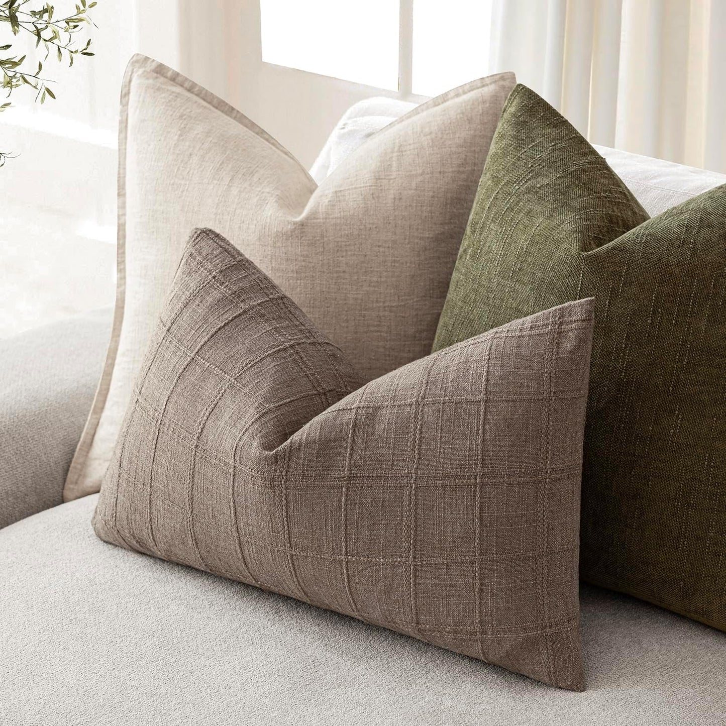 Foindtower Set of 2 Decorative Linen Check Throw Pillow Covers Neutral Farmhouse Lumbar Cushion Covers Modern Boho Home Decor for Sofa Chair Couch Bedroom Living Room Outdoor,12×20 Inch,Tan Taupe