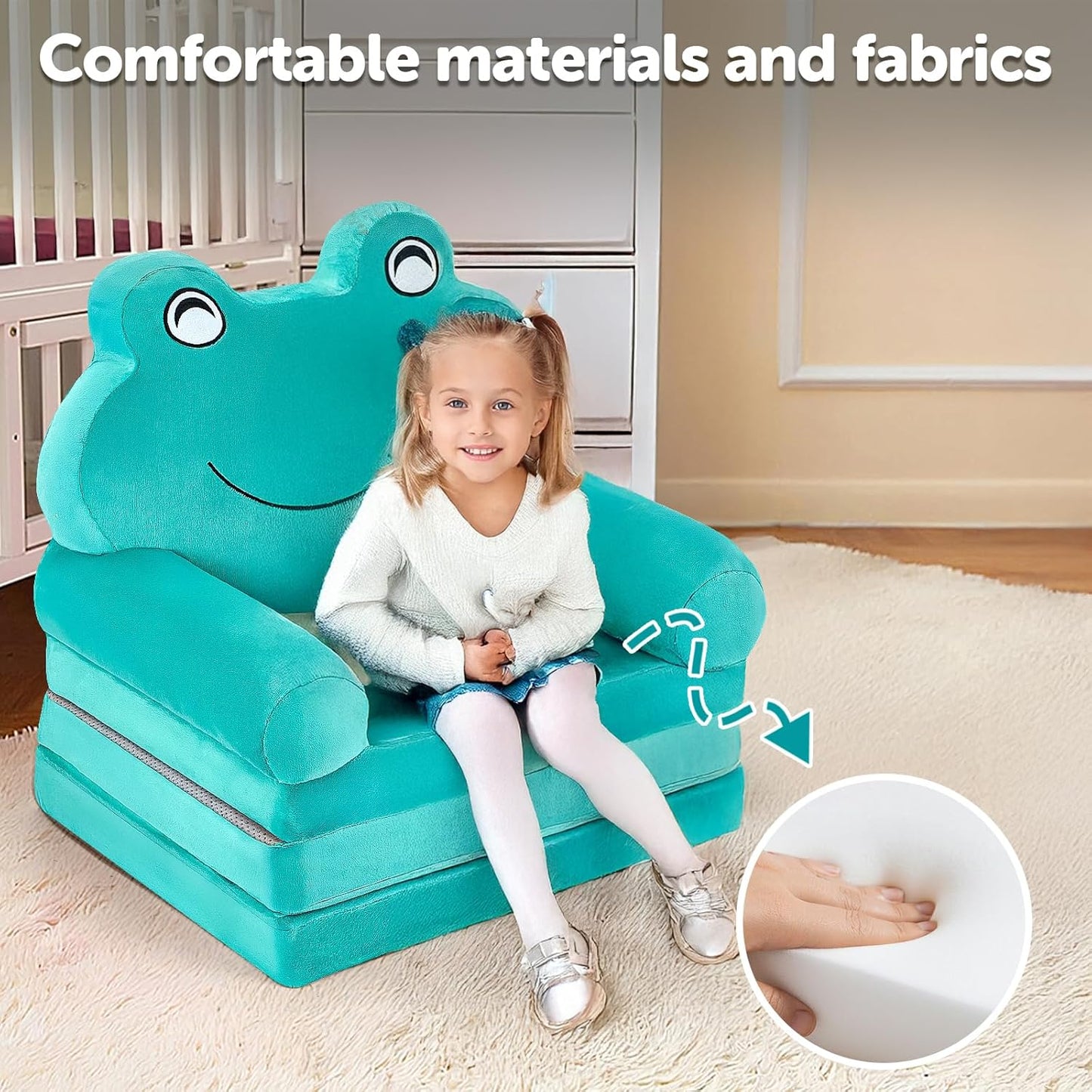 Kids Sofa Comfy, Adorable Animal Toddler Chair, Foldable Kids Couch with Removable Washable Cover, Soft & Breathable Fabric, No Assembly Needed, Foldable Baby Sofa(Green Frog)