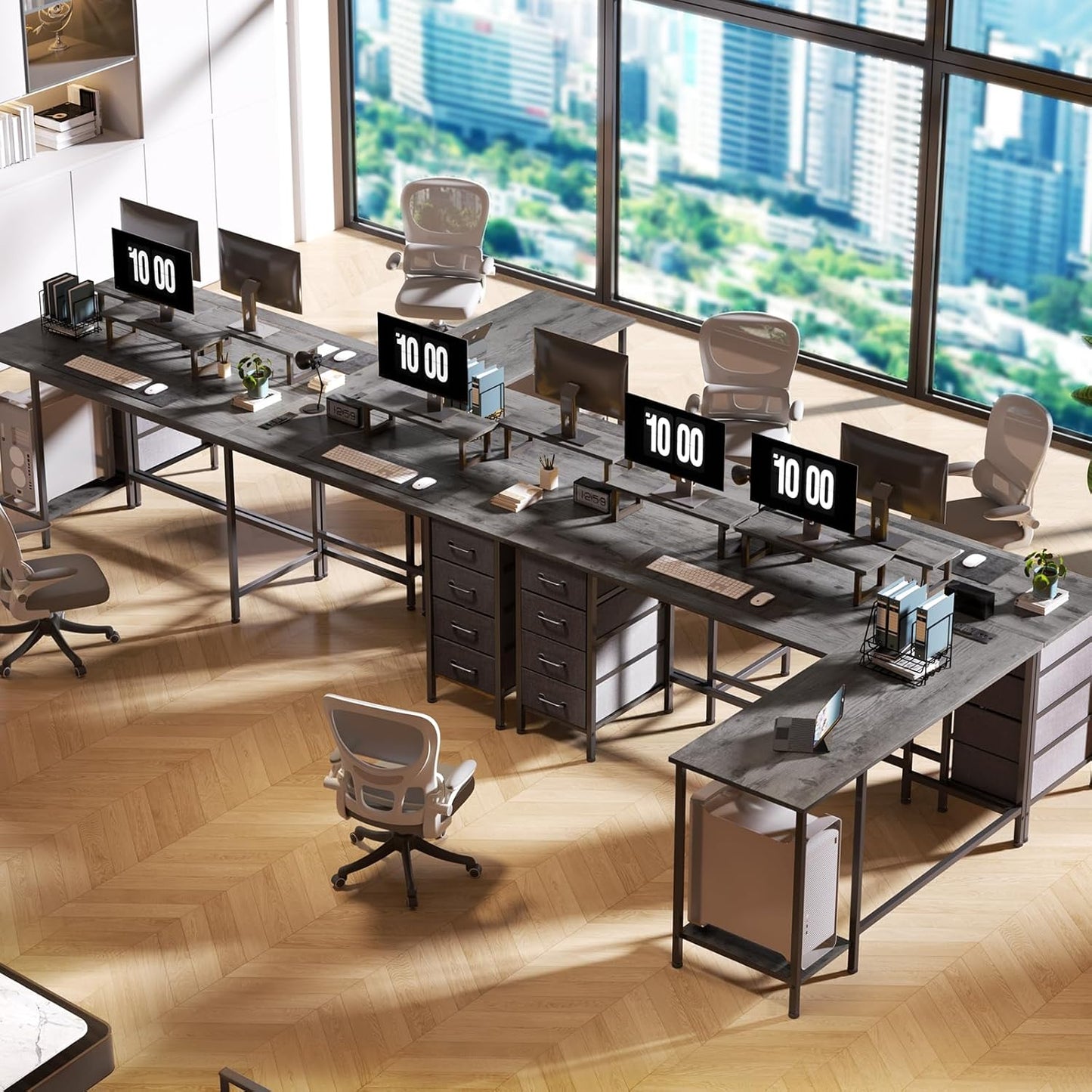 59 inch L Shaped Computer Desk with Power Outlets, Home Office Desk with 4 Adjustable Storage Drawers & 2 Monitor Stands, Two Person Gaming Table for Bedroom, Grey