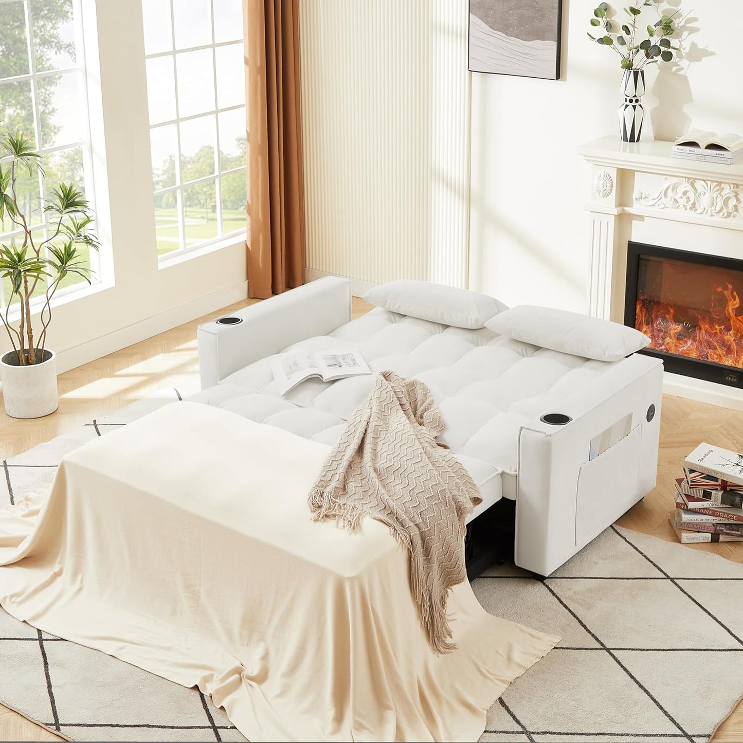 ERYE 64" W Full Size 3 in 1 Convertible Sleeper Sofabed W/Cupholders and USB Ports, Modern Velvet Upholstered Loveseat Sofa with Pull Out Sleep Couch Bed and Reclining Backrest for Home Apartment RV