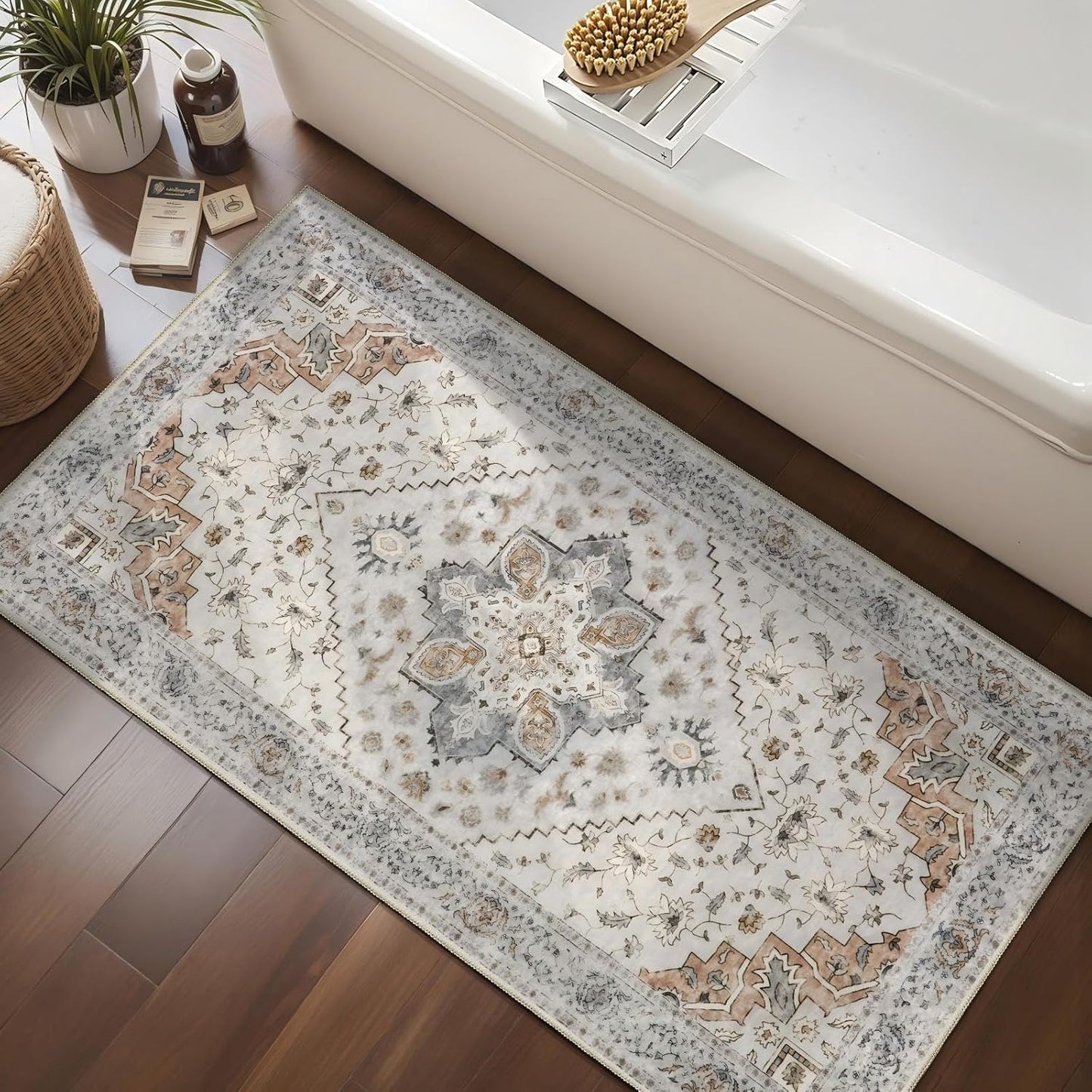 Kitchen Rug 2x4 Washable Rug for Entryway Vintage Non Slip Small Rugs Front Door Mat Indoor Entrance, Print Distressed Throw Rug Grey, Soft Low Pile Rugs Small Carpet for Entry Bedroom Bathroom