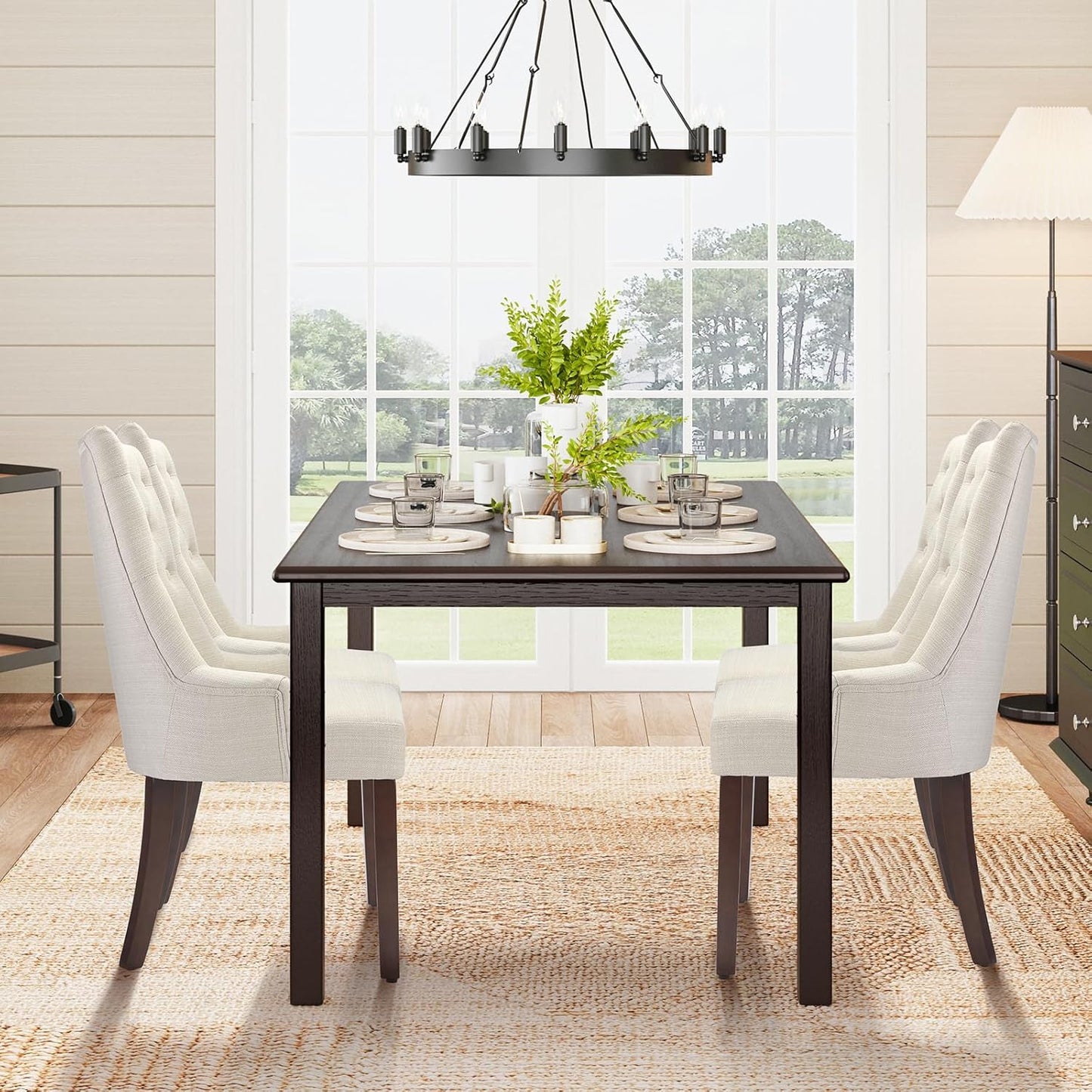 COLAMY 7-Piece Dining Table Set for 6, 60" Rectangular Kitchen Wood Table with 6 Wingback Dining Room Chairs, Brown/Beige