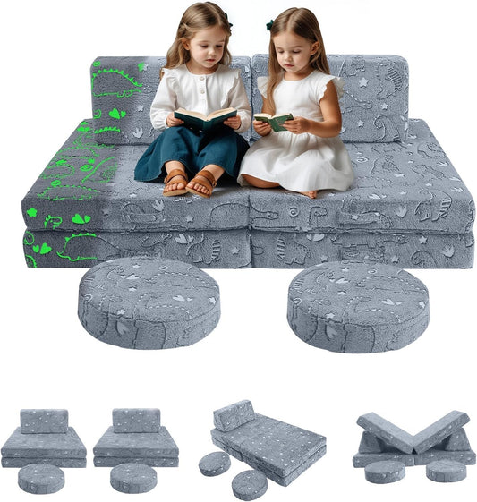 MeMoreCool 8-Piece Kids Modular Play Couch — Glow-in-The-Dark Dinosaur Foam Sofa Set for Toddlers, Convertible Fort Building Furniture with Washable Covers, Playroom Climbing & Creative Play Sofa