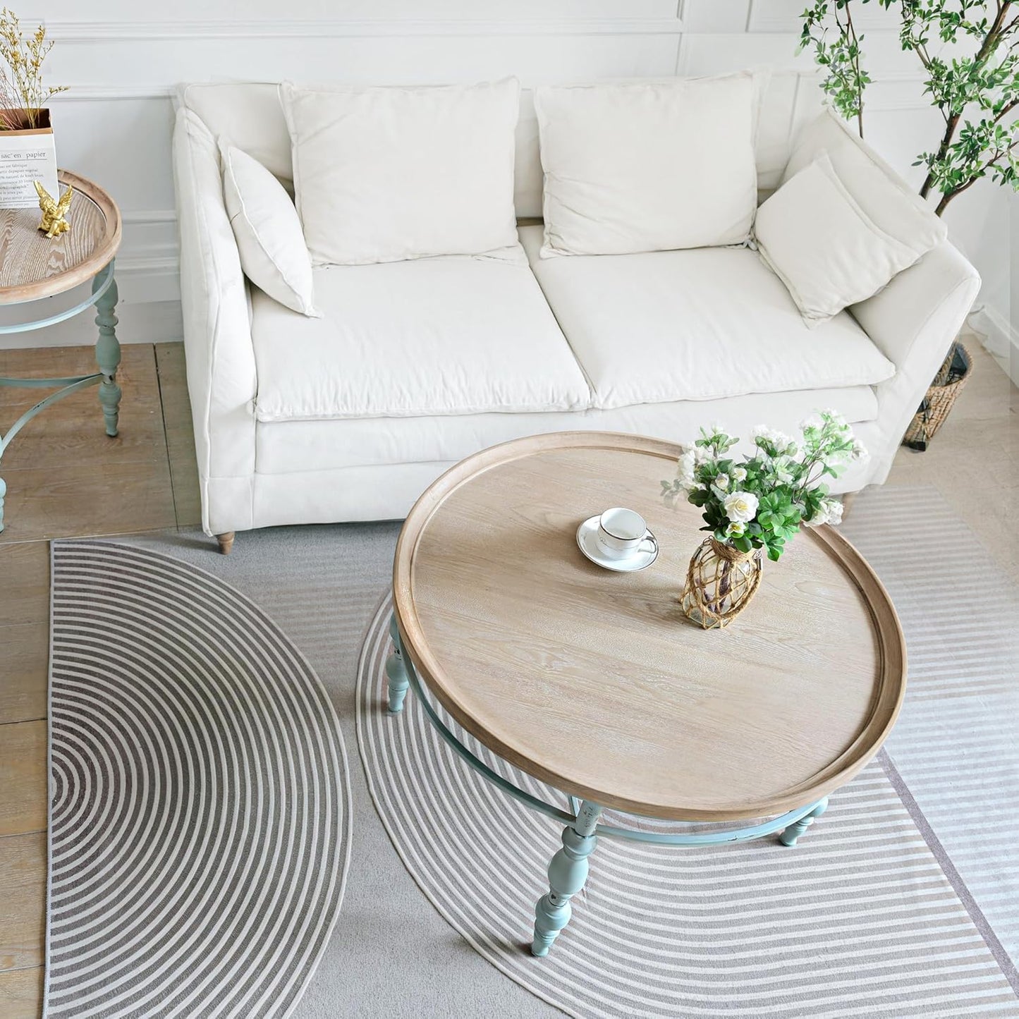 Rustic Farmhouse Round Coffee Table, French Country Vintage Center Table,φ31.5'' x18.9''H Rustic Solid Wood with Vintage Iron Legs, for Living Room, Bedroom,Dinning Room,Nature White