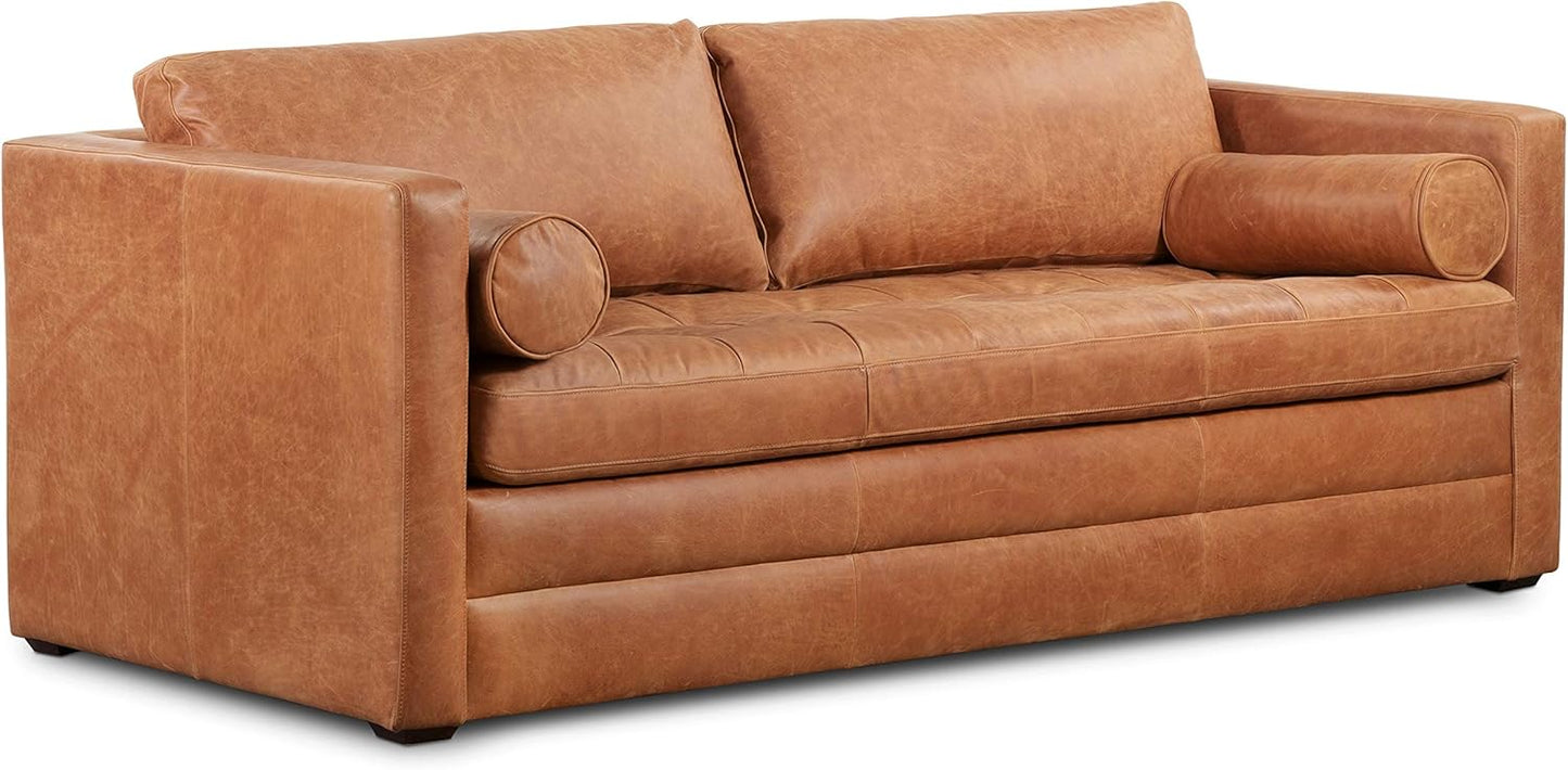 POLY & BARK Napa 82" Pull-Out Convertible Sleeper Sofa in Full-Grain Pure-Aniline Italian Leather, Cognac Tan