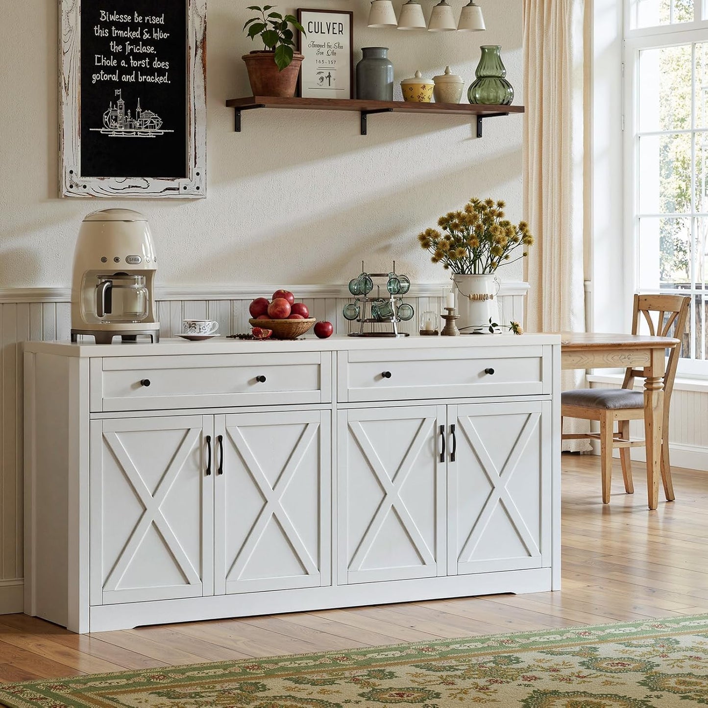 61'' Farmhouse Sideboard Buffet Cabinet with Storage, Large Kitchen Storage Cabinet with Barn Doors Drawers, White Coffee Bar Table for Dining Room Kitchen