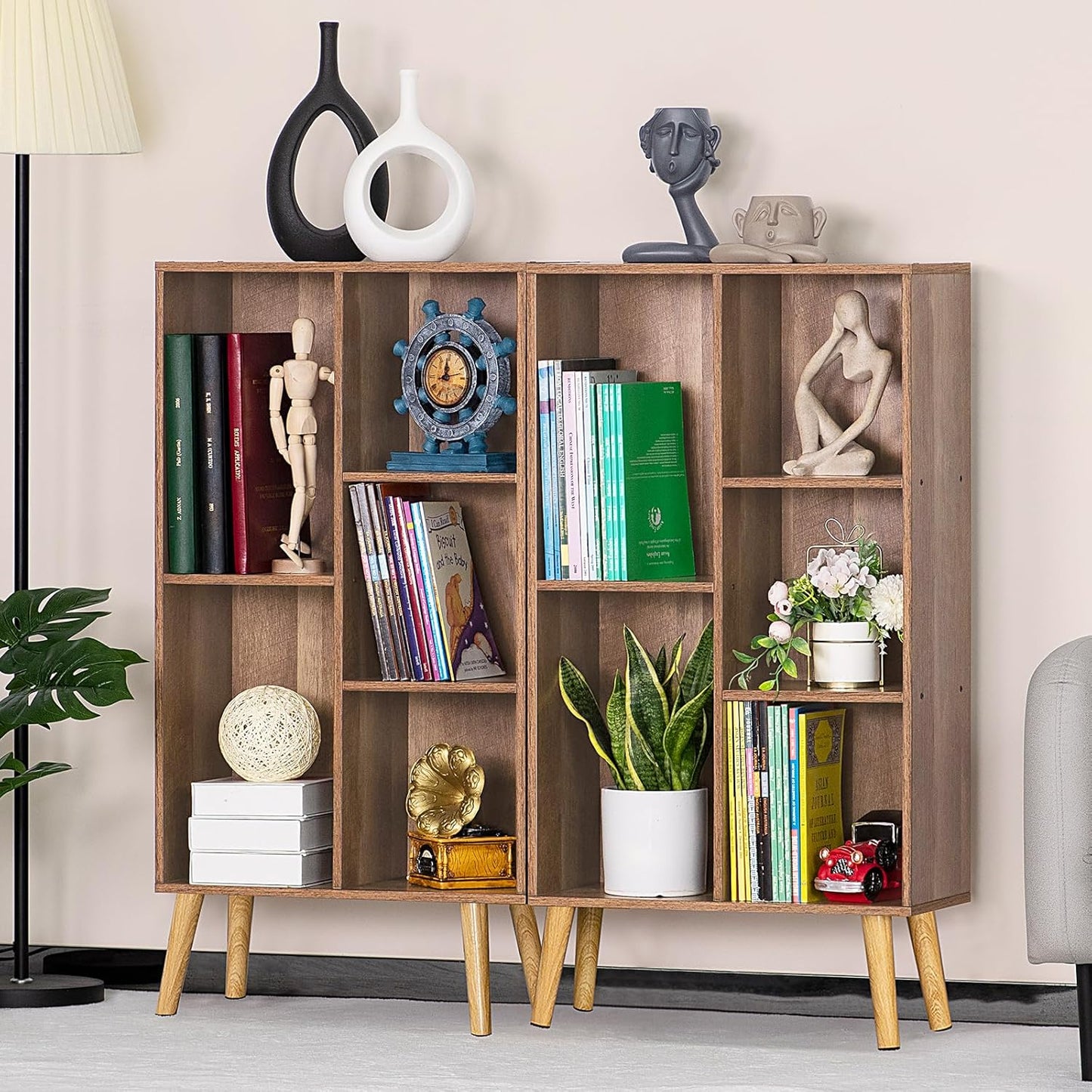 5 Cube Small Bookshelf,3 Tier Mid-Century Modern Bookcase with Legs,Wood Kids Bookshelves Storage Organizer Shelf,Free Standing Narrow Book Shelves,Oak Grey Corner Bookcases for Bedroom,Living Room