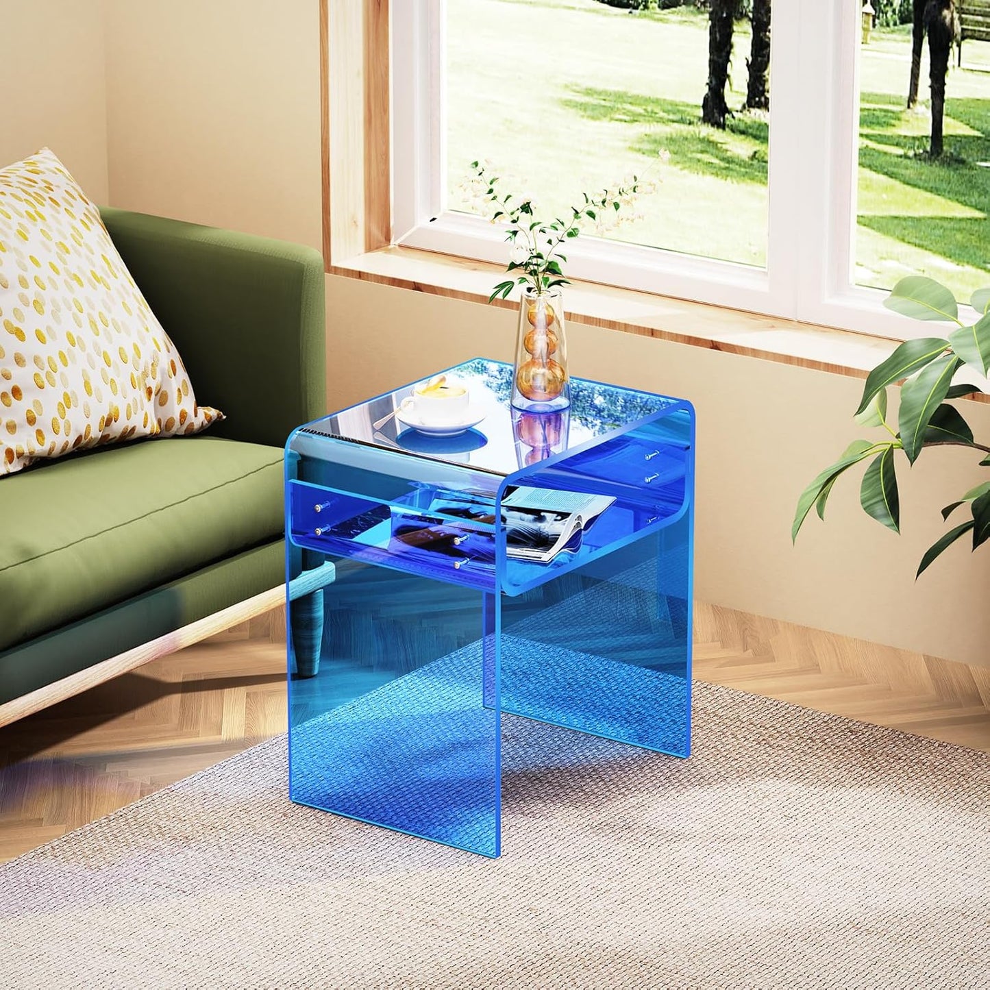 Clear Acrylic End Table 2-Tier Bedside nightstand for Living Room Bedroom Home Decor (Blue)