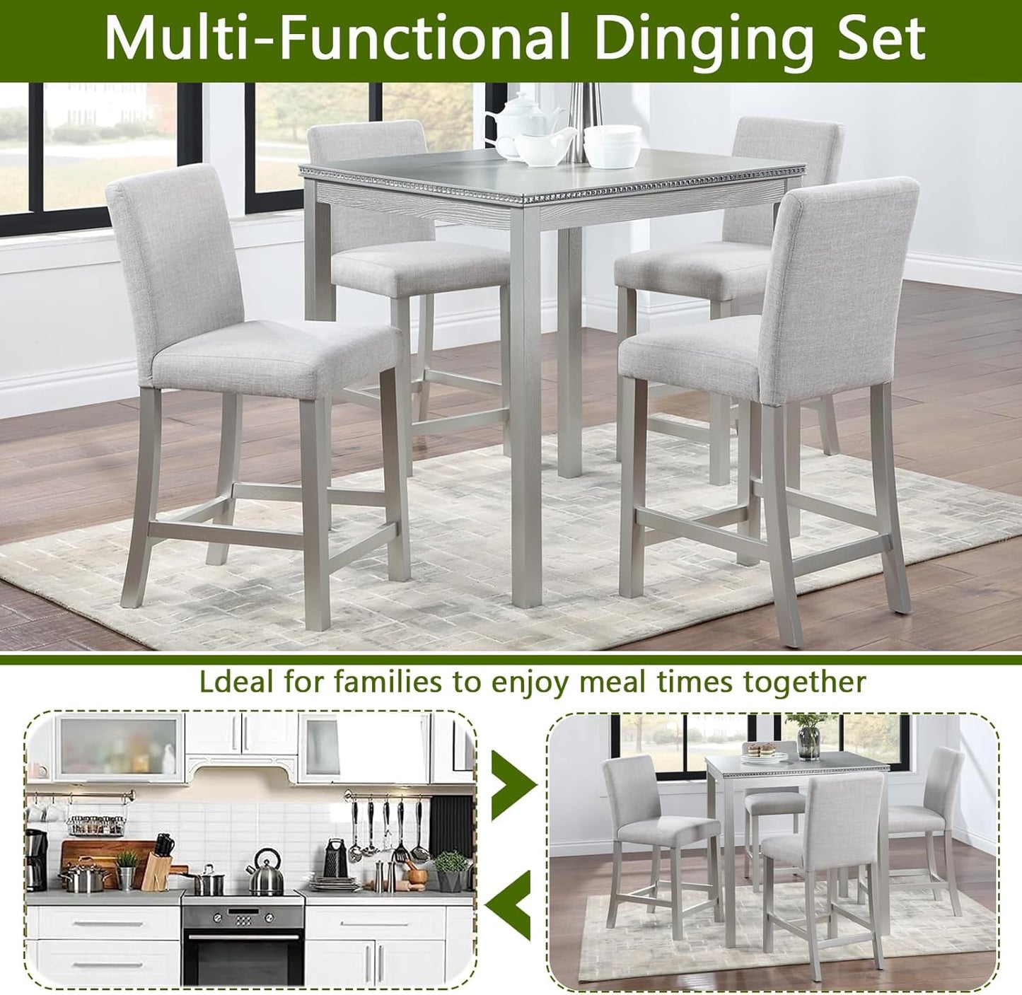 KEIKI 5-Piece Counter Height Dining Table Set with Square Table and 4 Upholstered Chair, for 4 Person, Modern Crystal Decoration Wooden Table Set, Easy Assembly, for Kitchen, Dining Room, Silver Grey