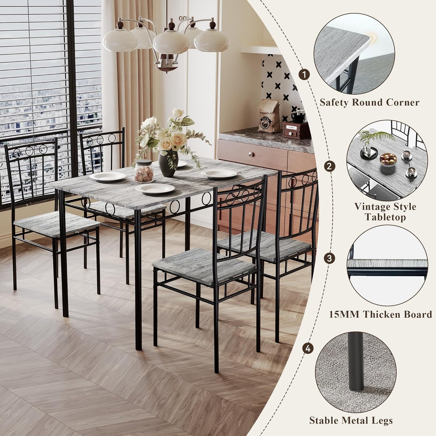 5 Piece Dining Table Set, Modern Metal&Wood Kitchen Dinner Table with 4 Chairs, Dining Room Table Sets for Small Spaces, Gray