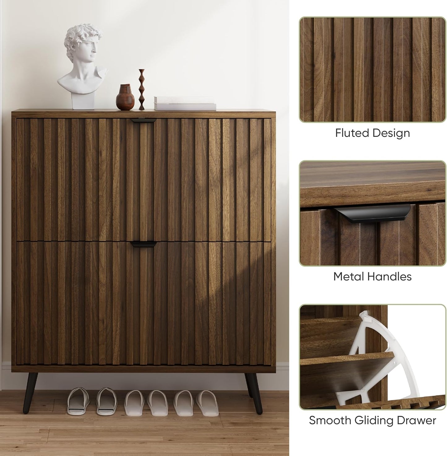 Smuxee Shoe Cabinet with 2 Flip Drawers, 31.5" Walnut Hidden Shoe Storage Cabinet with Fluted Design, Freestanding Shoe Organizer Cabinet for Entryway, Hallway, Closet, Living Room