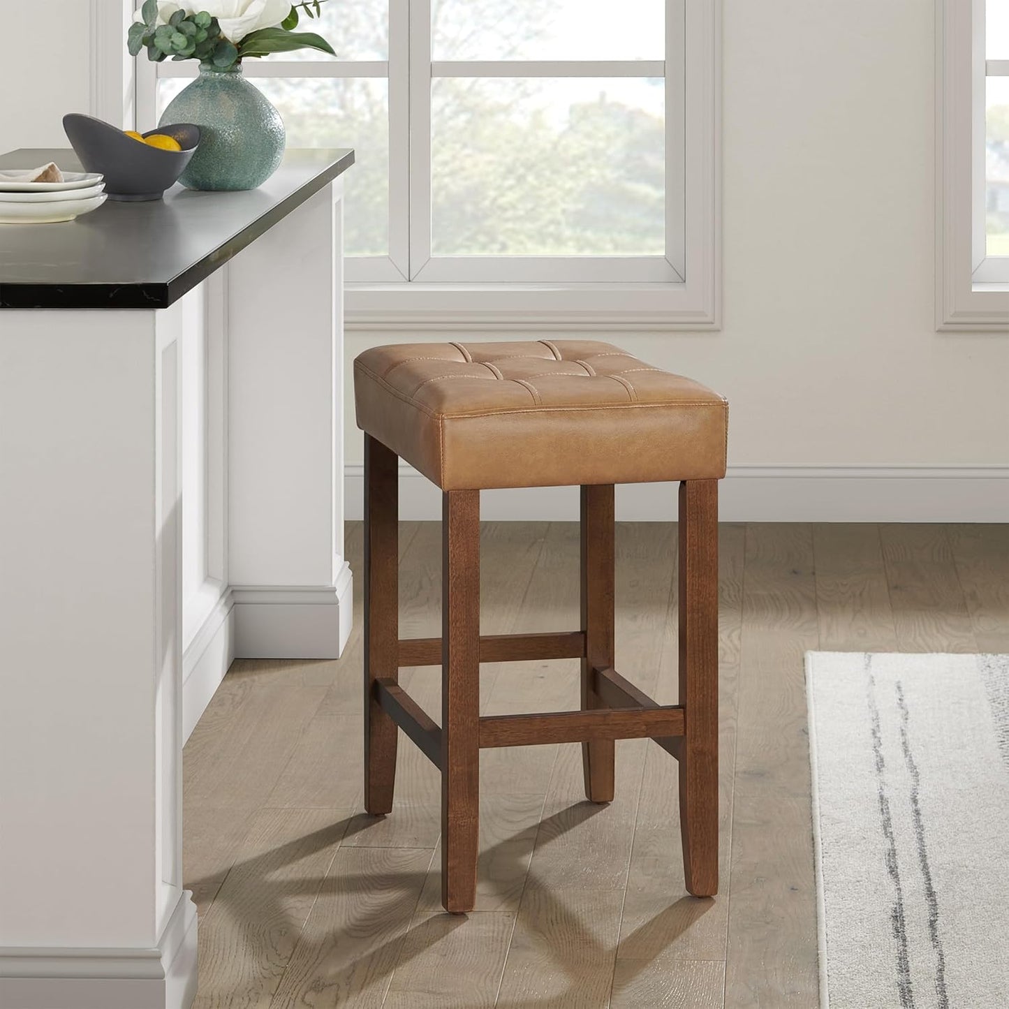 Alaterre Furniture Madison 25-Inch Bar Stool with Faux Leather Seat - Counter Height Stool for Kitchen Island or Bar - Backless Barstools (Cognac/Walnut)