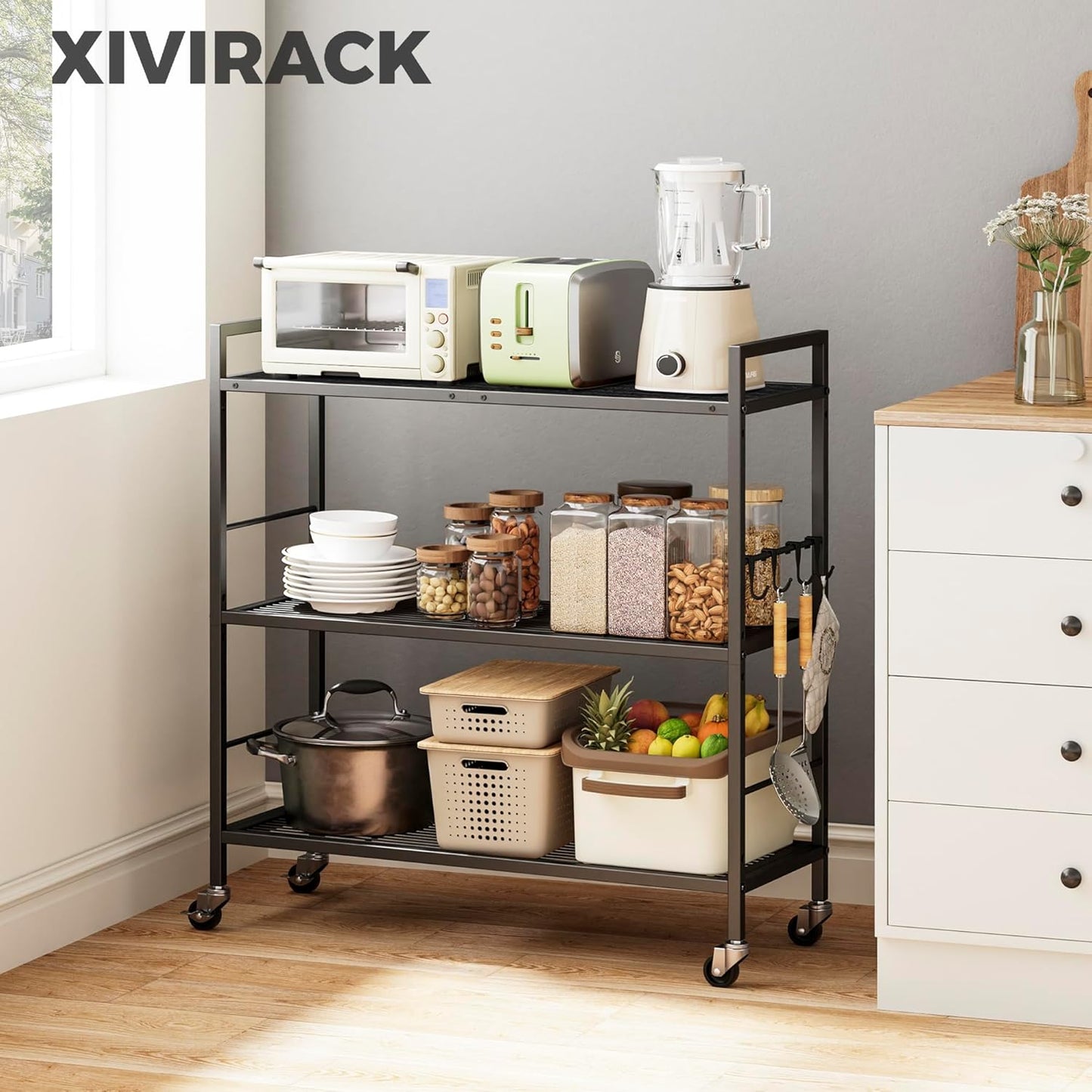 3-Tier Metal Storage Rack with Industrial Wheels,Mesh Shelving Unit with Wooden Table top,Adjustable Shelf,31.5-Inch Width, for Kitchen, Laundry,Pantry,Plant,Black panel and black frame