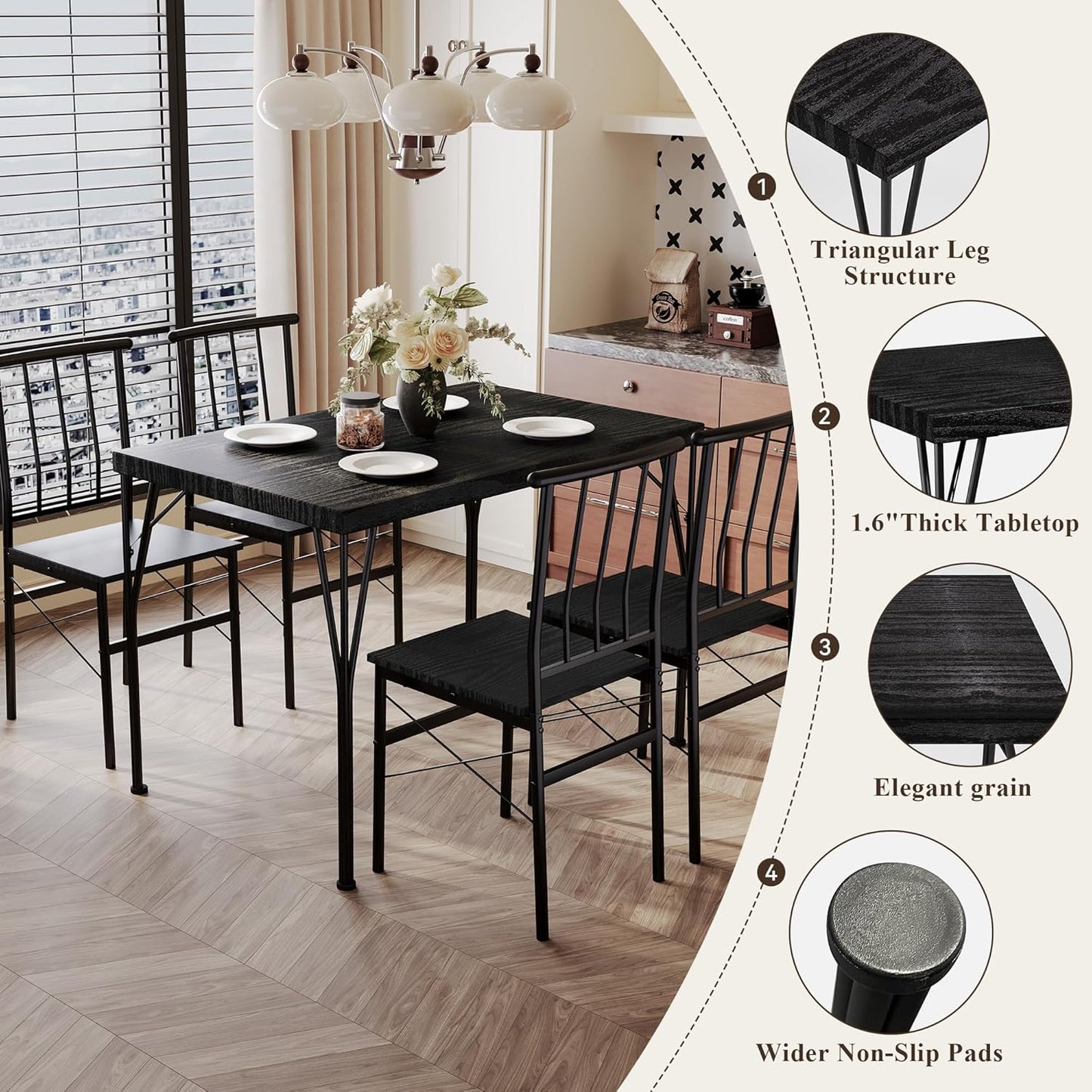 5 Piece Dining Table Set with 1.6" Thick Desktop, Modern Metal&Wood Kitchen Dinner Table with 4 Chairs, Dining Room Table Sets for Small Spaces, Black