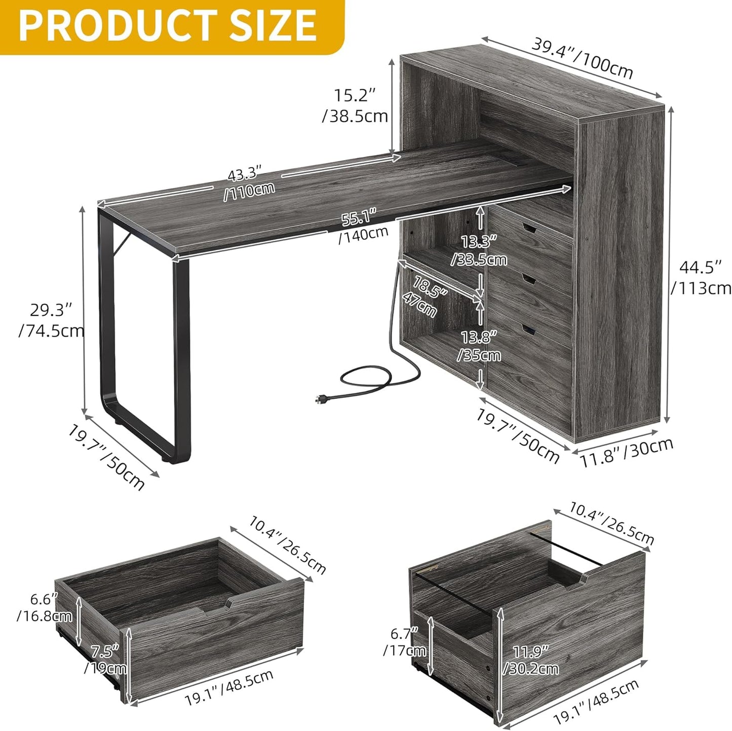 DWVO L Shaped Desk with Drawers, 55" Corner Computer Desk with Bookshelf & Power Outlets & LED Lights, Home Office Desk with Storage Shelves, Grey