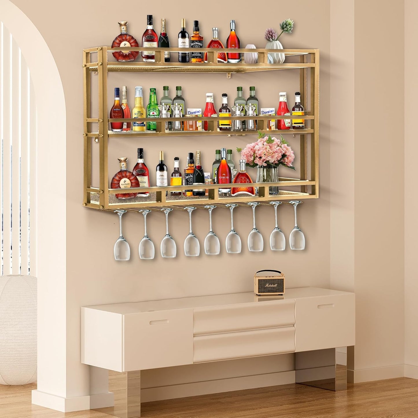 Metal Wine Rack Wall Mounted, Bar Shelves for Liquor Bottles with LED Light, 3 Tier Large Capacity Liquor Rack Wall Mounted with Glass Holder for Home Bar & Dining Room （Gold, 31in/80cm）