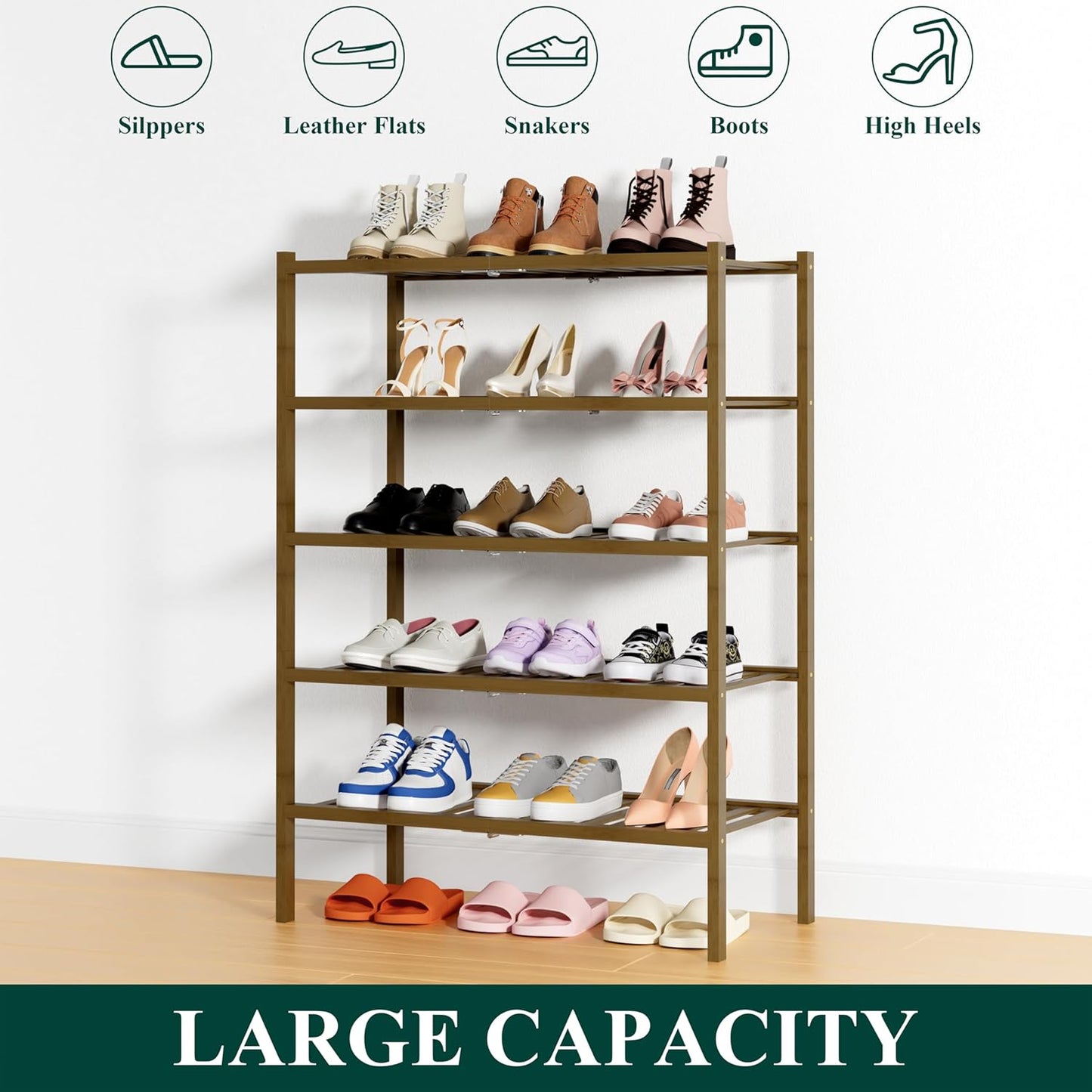Smiry Shoe Rack, 5 Tier Thick Bamboo Shoe Organizer, Stackable Free Standing Wooden Shoe Storage Shelf for Closet, Entryway, Front Door Entrance, Walnut
