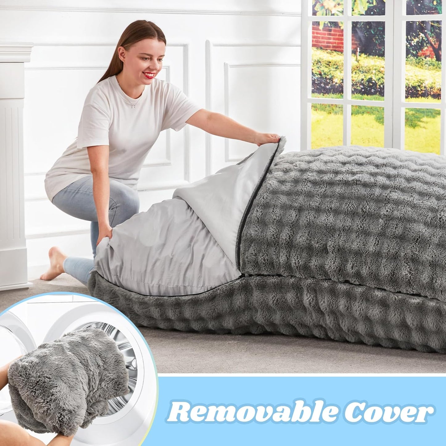 Hobestluk 3 in 1 Bean Bag Chair Giant Bean Bag Chairs for Adults with Bubble Cover Convertible Bean Bag Floor Cushion with Machine Washable Cover for Living Room (Bubble Grey)