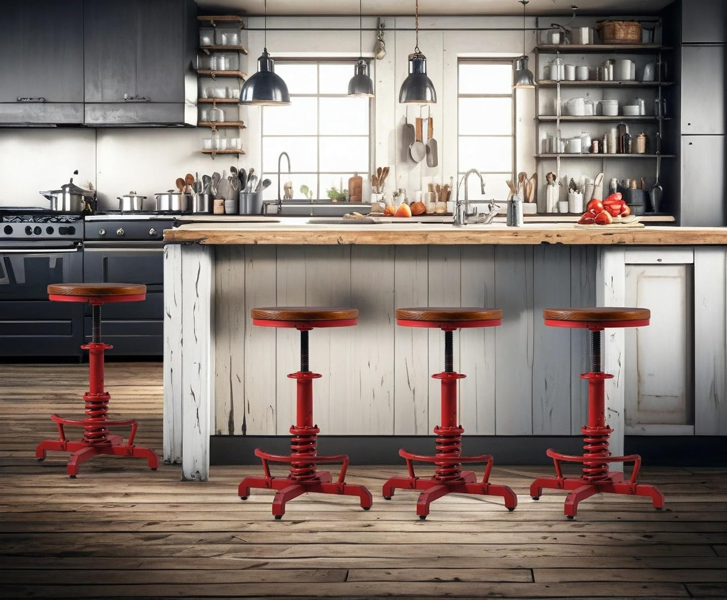 4-Piece American Antique Steampunk Bar Stool 24.41"-28.35" Vintage Industrial Adjustable Swivel Backless Counter Stool for Home, Dining, Breakfast, Pub, (Heavy Duty Metal & Wood, Aged Red, Brown Top)