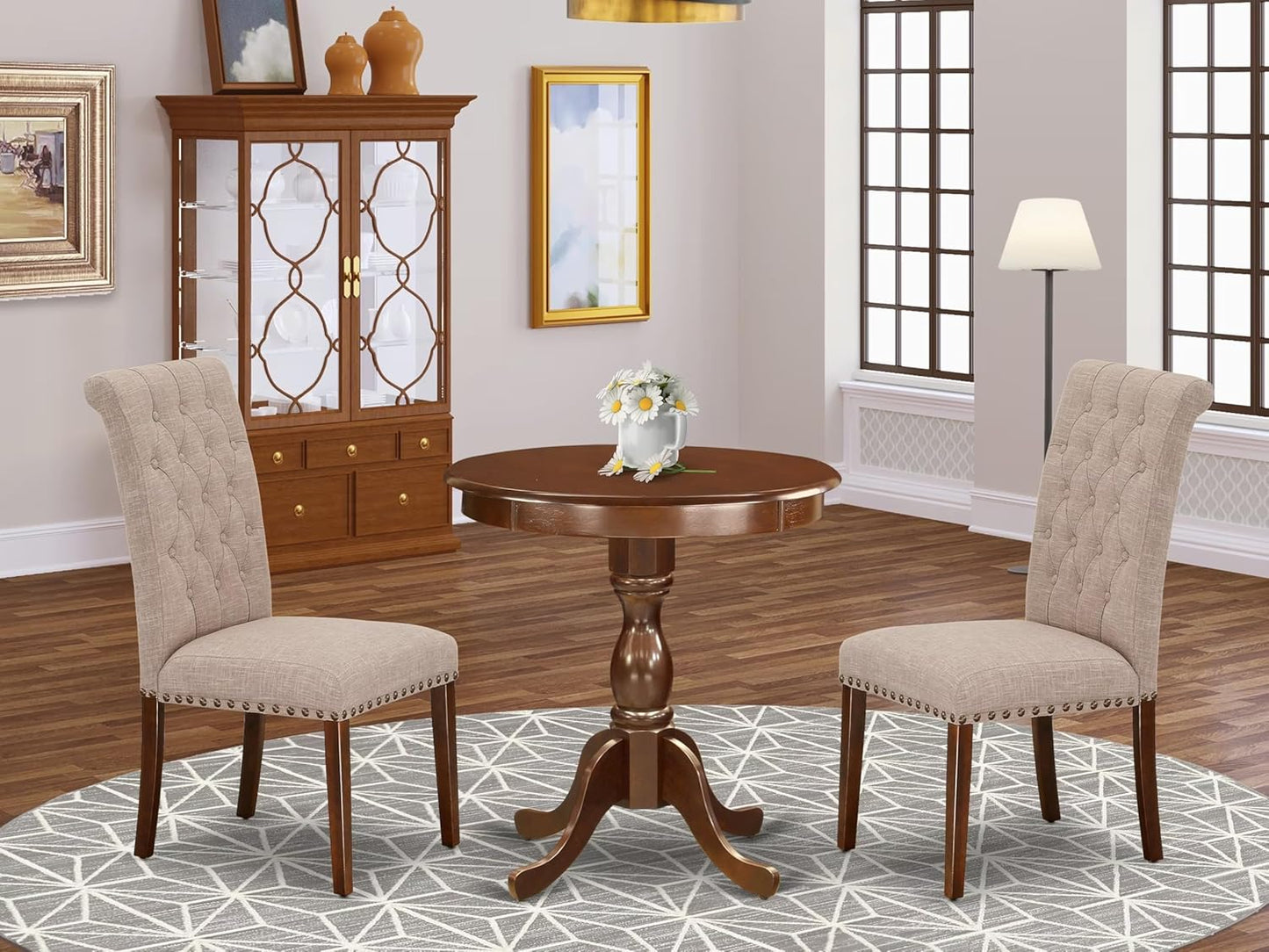 East West Furniture ESBR3-MAH-04 3 Piece Modern Dining Table Set Contains a Round Wooden Table with Pedestal and 2 Light Tan Linen Fabric Parson Dining Chairs, 30x30 Inch, Mahogany