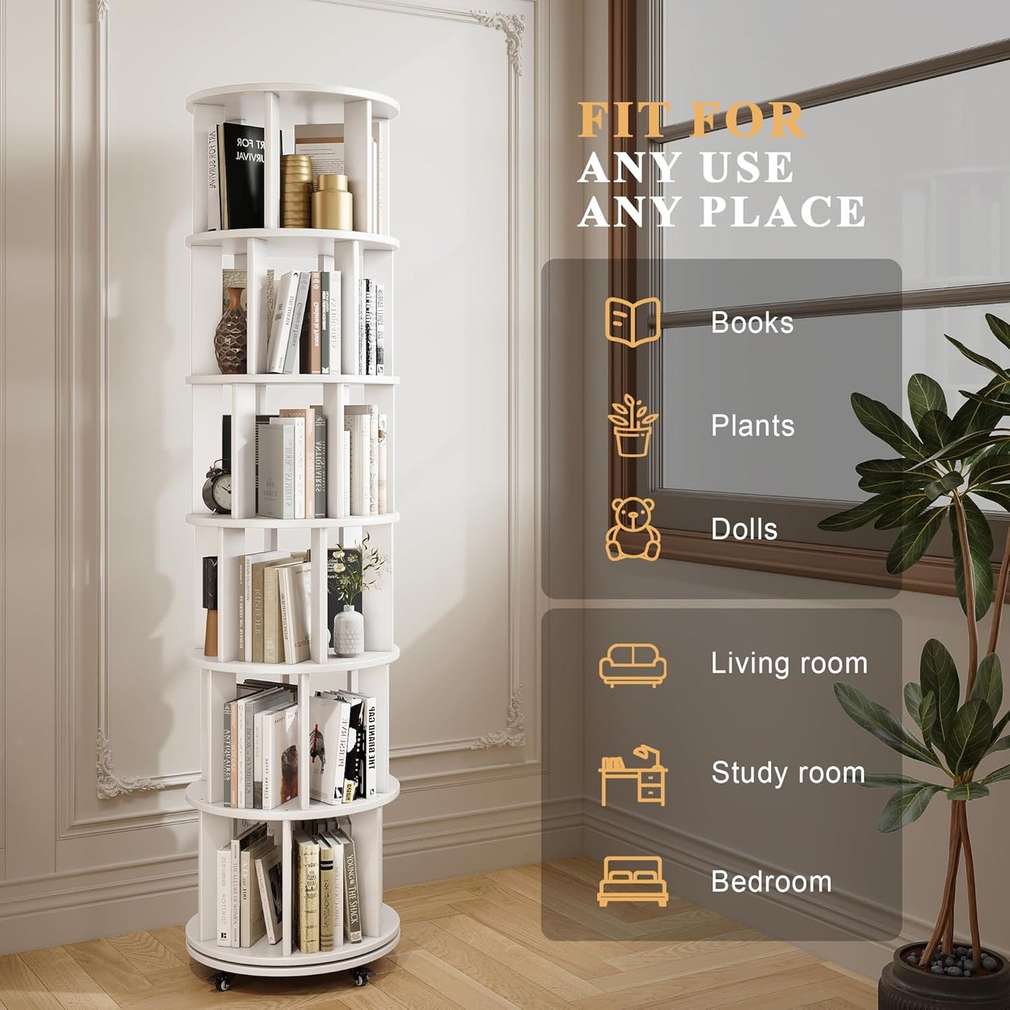 6 Tier Bookshelf Tower, 360° Solid Wood Spinning Bookcase with Swivel Wheels, Floor Standing Book Shelf for Small Space, Bookshelf for Home Office Study Room Bedroom Living Room