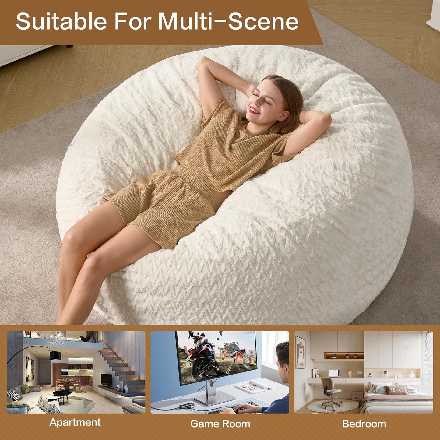 Hobestluk 5ft Bean Bag Chairs for Adults Large Beanbag Chair with Chevron Plush Fur Cover Big Bean Bag Chair for Living Room Bedroom Dorm Office - White (50” x 50” x 24”)