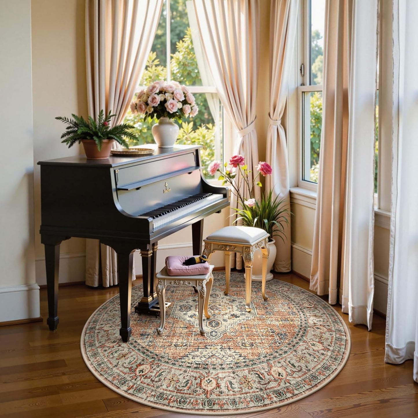 Lahome Oriental Washable Round Rugs, Non-Slip Round Rug 4ft Ultra-Thin, Vintage Soft Small Circle Carpet for Entryway Kitchen Bedroom Nursery Bathroom, Peach/Orange