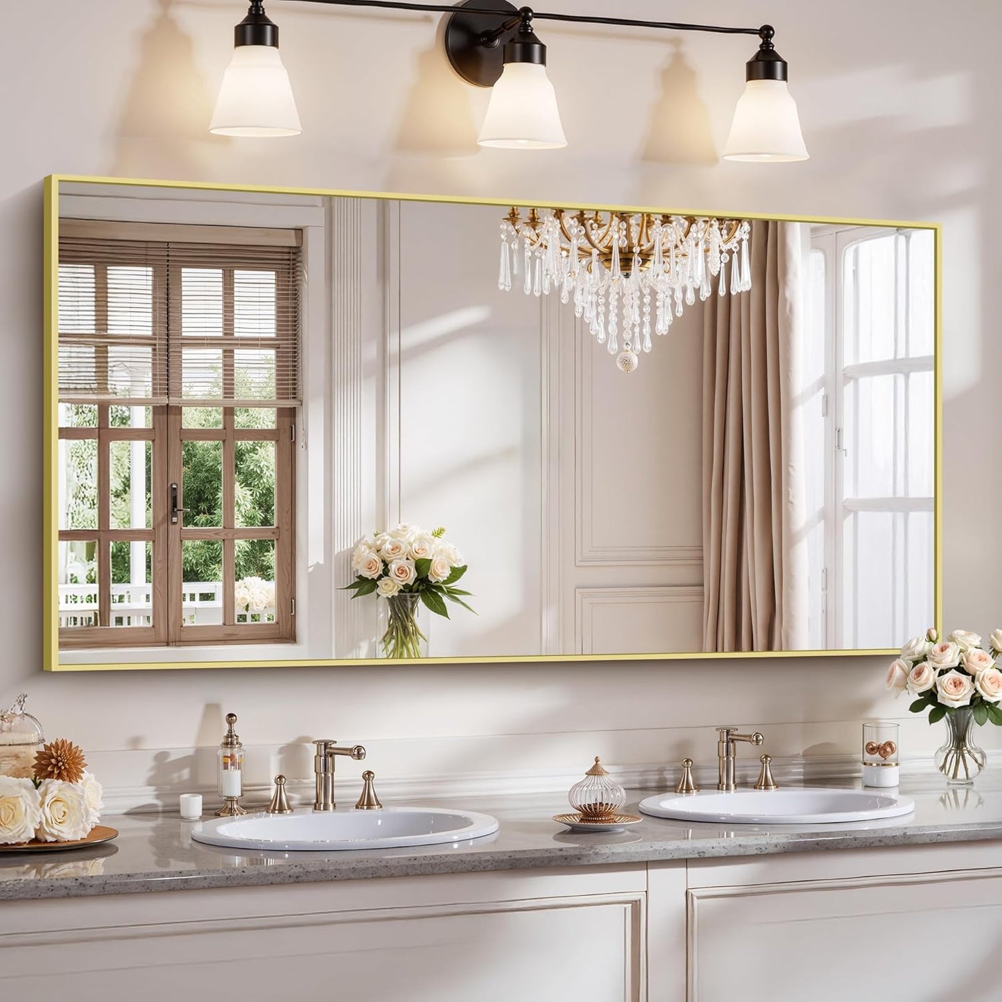 YIROMAN Bathroom Mirror 60"x30", Large Brushed Gold Bathroom Mirror for Over Sink with Aluminum Frame, Rectangular Vanity Mirror with Right Angle, Wall Mirror Hangs Horizontal or Vertical