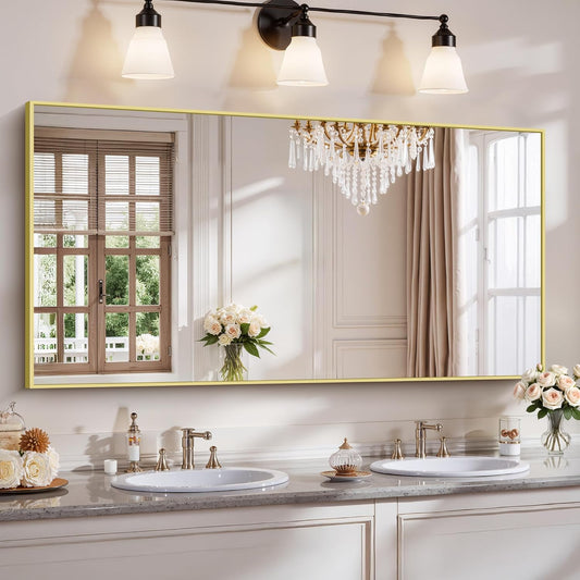 YIROMAN Bathroom Mirror 60"x30", Large Brushed Gold Bathroom Mirror for Over Sink with Aluminum Frame, Rectangular Vanity Mirror with Right Angle, Wall Mirror Hangs Horizontal or Vertical