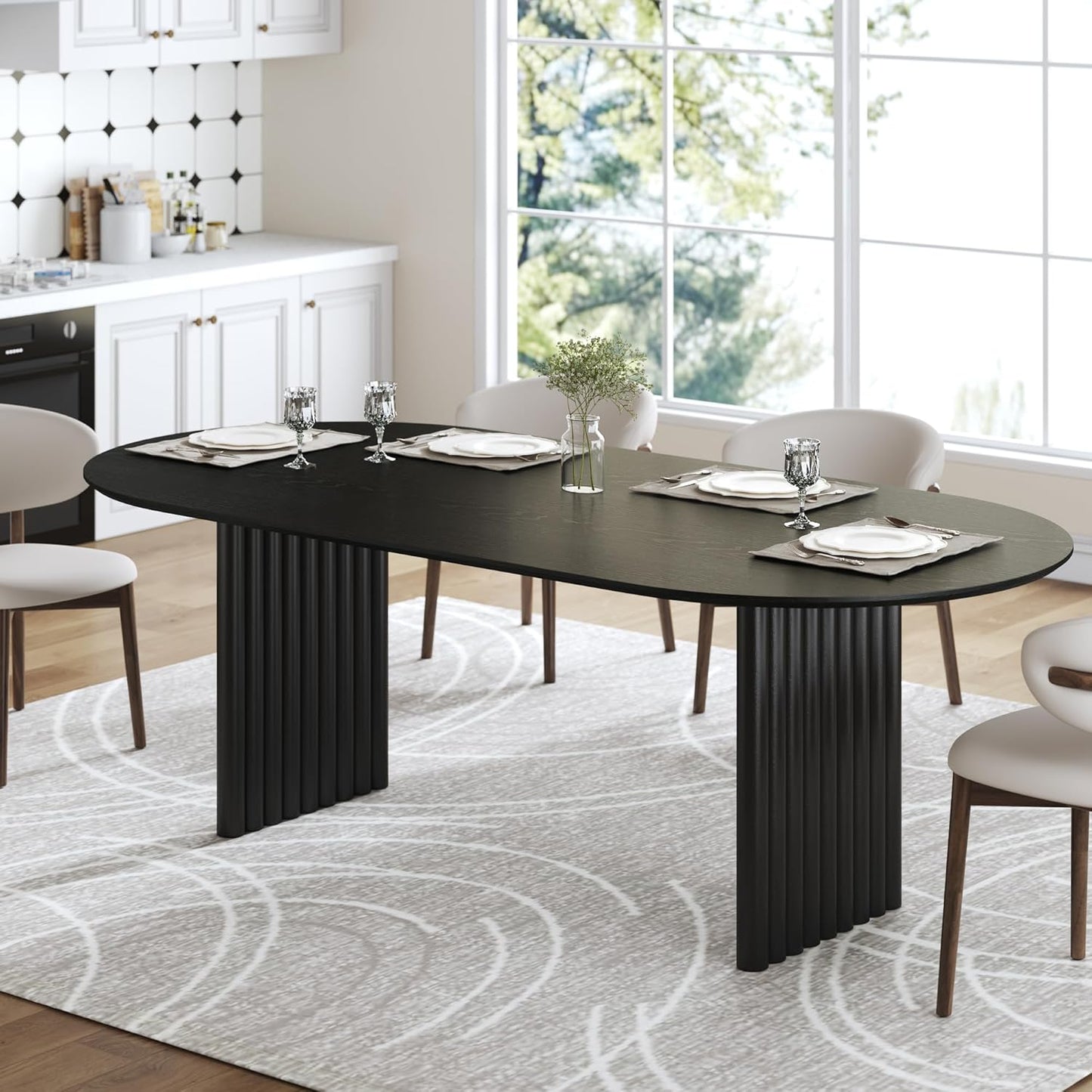 Casaphoria Wood Kitchen Table Set with 6 Chairs, 79" Dining Kitchen Table & Chairs Set for 6-8, Modern Farmhouse Oval Dining Table for Living Room, Easy Assembly, Black