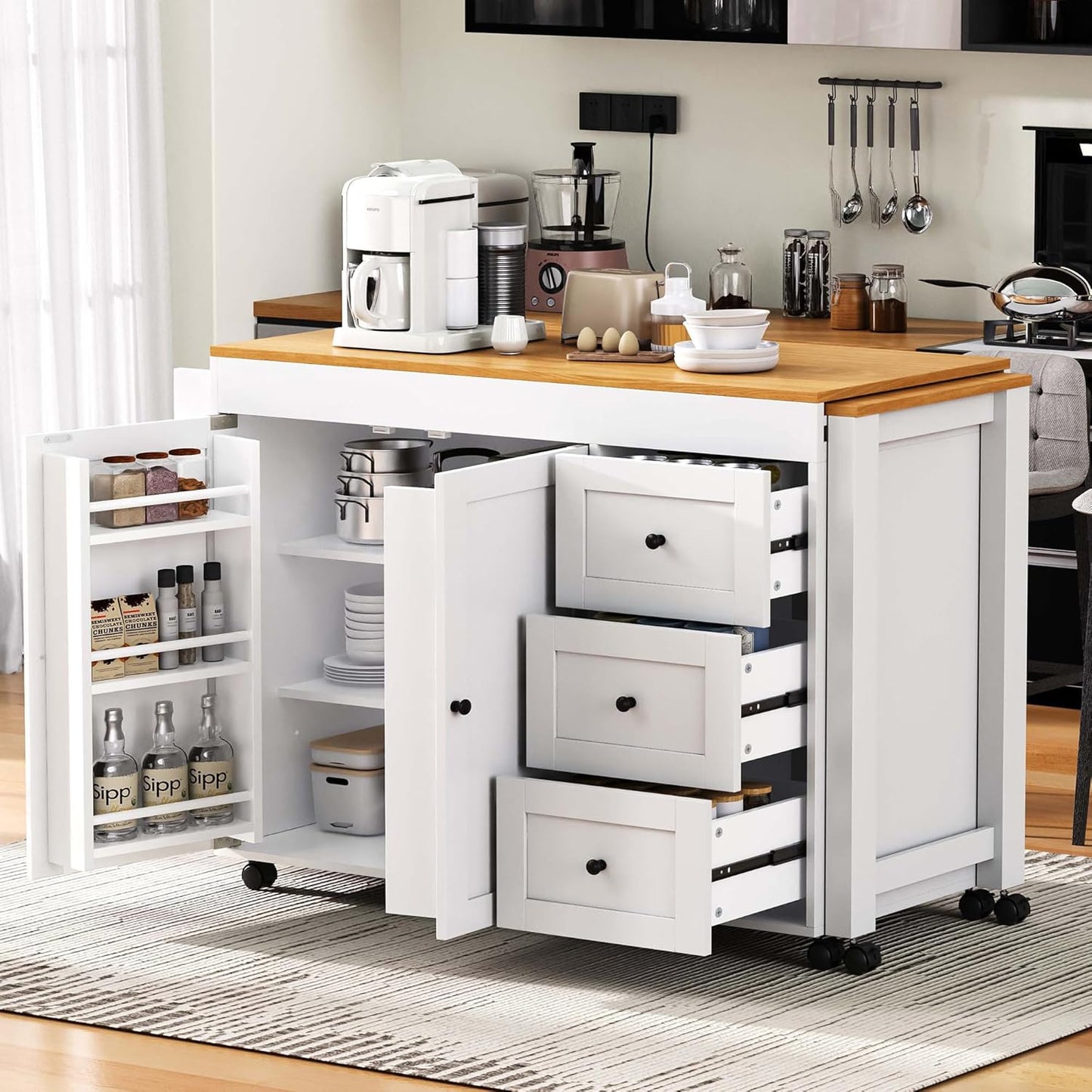 Ball & Cast 74.8" Kitchen Island with Extendable Dining Table,Kitchen Storage Cart W/Power Outlet and 3 Drawers,Rolling Kitchen Island on Wheels W/Spice Rack & 2 Door Cabinet,for Kitchen,White