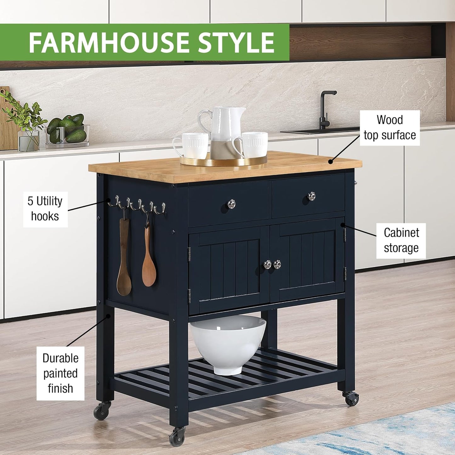 OSP Home Furnishings Stirling Farmhouse Kitchen Cart, Rolling Storage Cabinet with Drawers, Shelf, 5 Utility Hooks, Dark Blue with Natural Wood Top