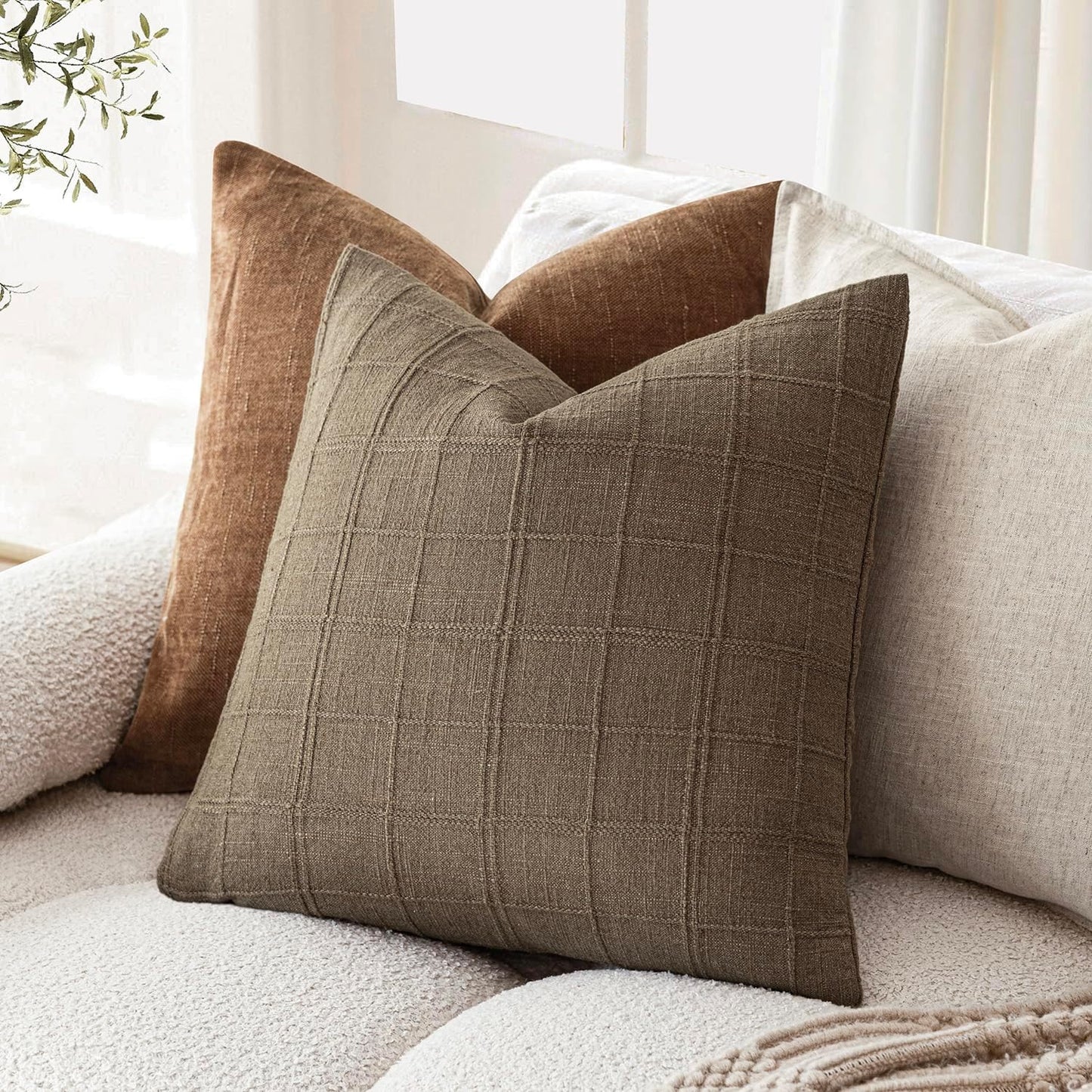 Foindtower Set of 2 Decorative Linen Check Throw Pillow Covers Neutral Farmhouse Vintage Cushion Covers Modern Boho Home Decor for Sofa Chair Couch Bedroom Living Room Outdoor,24×24 Inch,Light Brown