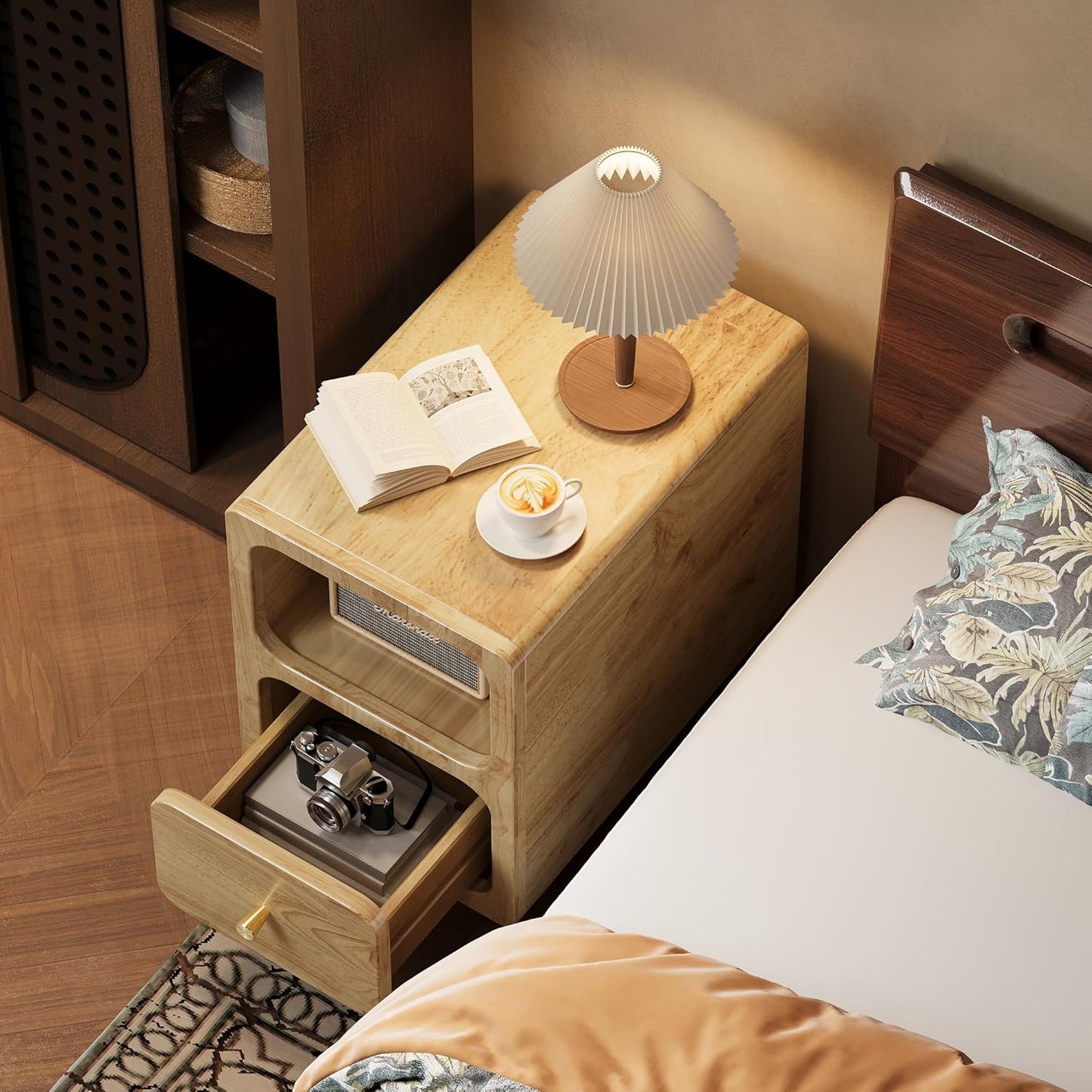 Solid Wood Night Stand, Narrow Night Stand with Drawers, Natural Mid Century Modern Nightstand, Small Beside Table with Open Storage Shelf for Bedroom (12 inch)