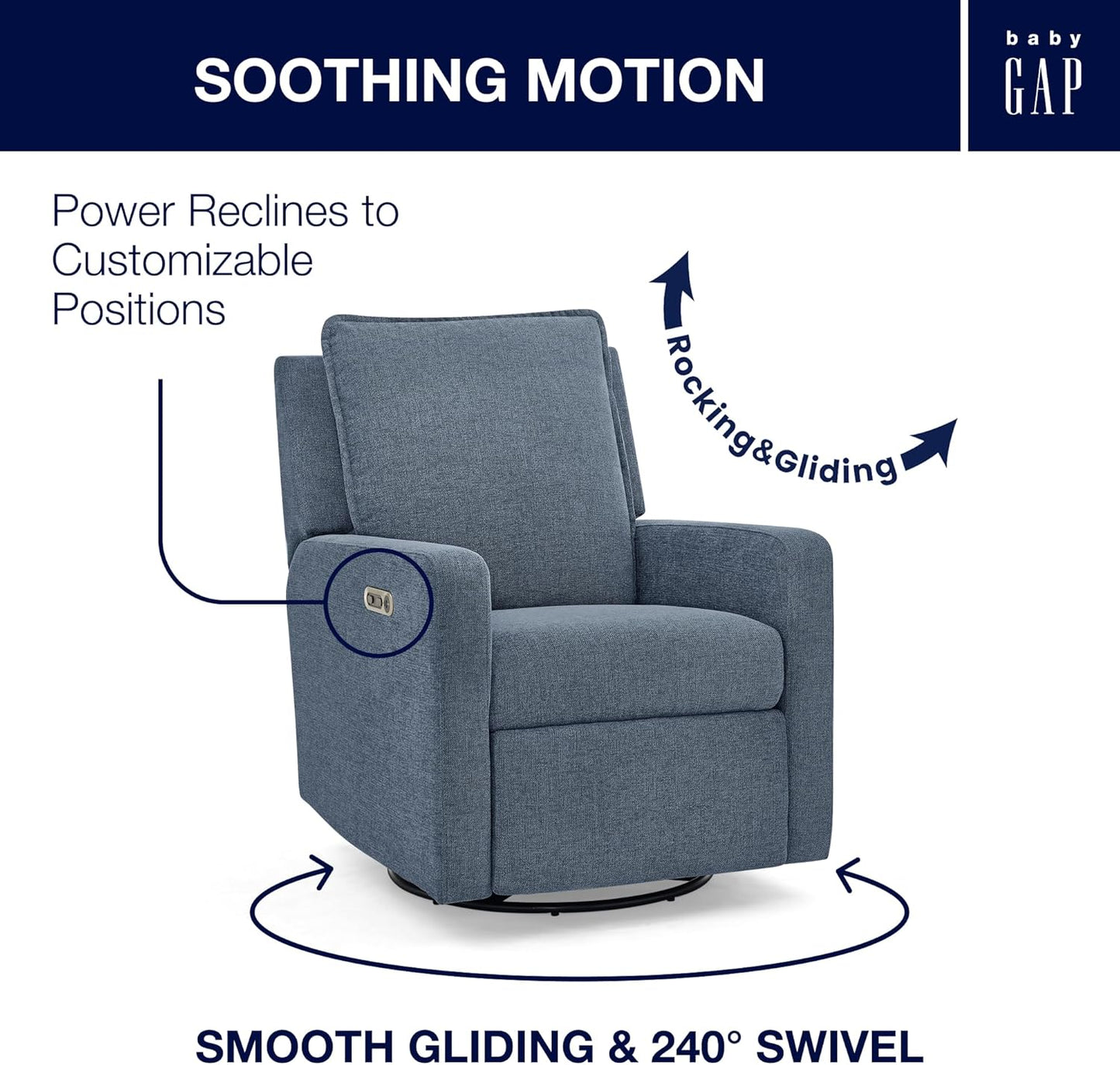 Delta Children babyGap Harlowe Power Recliner with USB-A and Type-C Ports Greenguard Gold Certified – Stain-Resistant Performance Fabric is Oeko-TEX Standard 100 Certified, Slate