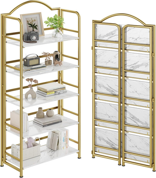 No-Assembly Gold Folding Bookshelf Storage Shelves 5 Tiers Vintage Multifunctional Plant Flower Stand Storage Rack Shelves Bookcase for Home Office