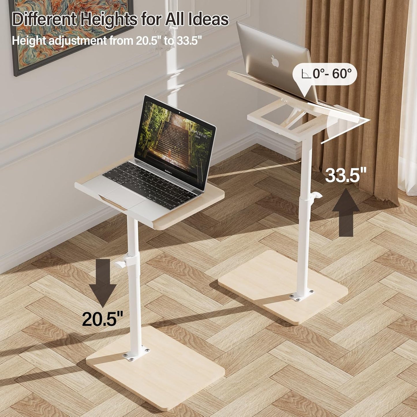 Sofa Armrest Tray Table for Couch - 360° Swivel Height Adjustable End for Small Spaces, Snack Side Table for Bed or Chair with Phone & Tablet Slot (Oak,Angle Adjustable)