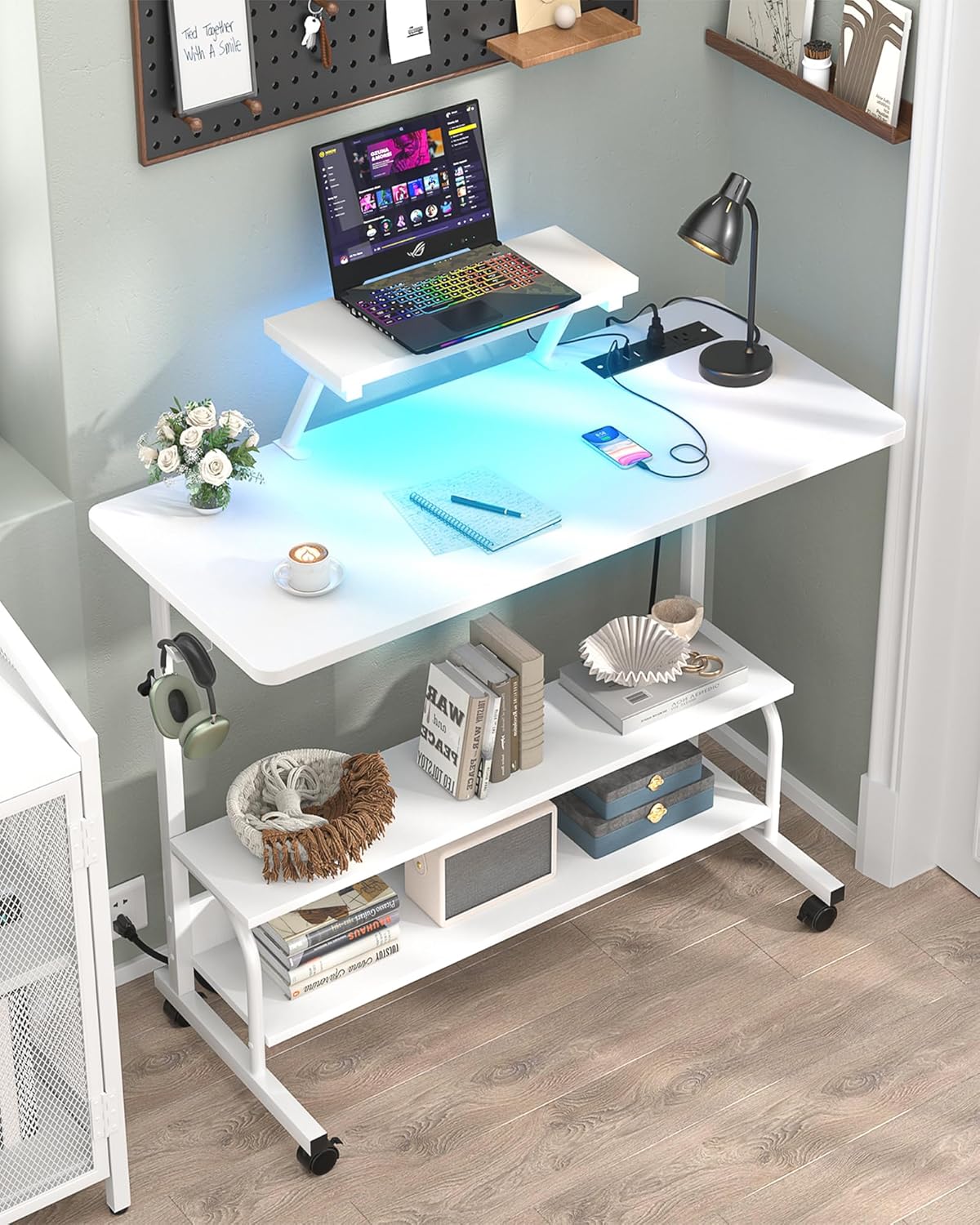 Height Adjustable Standing Desk with Power Outlets and LED Lights - 39" Manual Stand Up Desk with Monitor Stand and Storage Shelves Small Mobile Rolling Computer Desk Portable Laptop Table, White