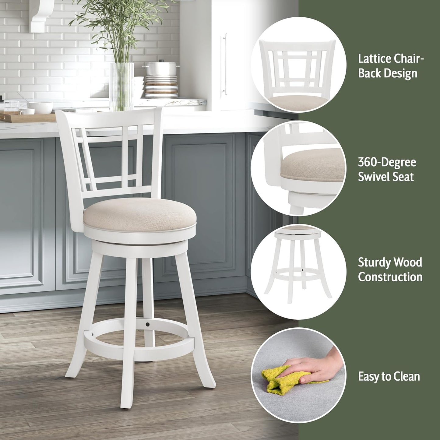 Hillsdale Fairfox Swivel Stool with Rectangular Lattice Back, Counter Height, White